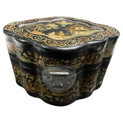 Vintage Oriental Chinese Octagonal Black Lacquered Gilt Painted Covered Box 1940s