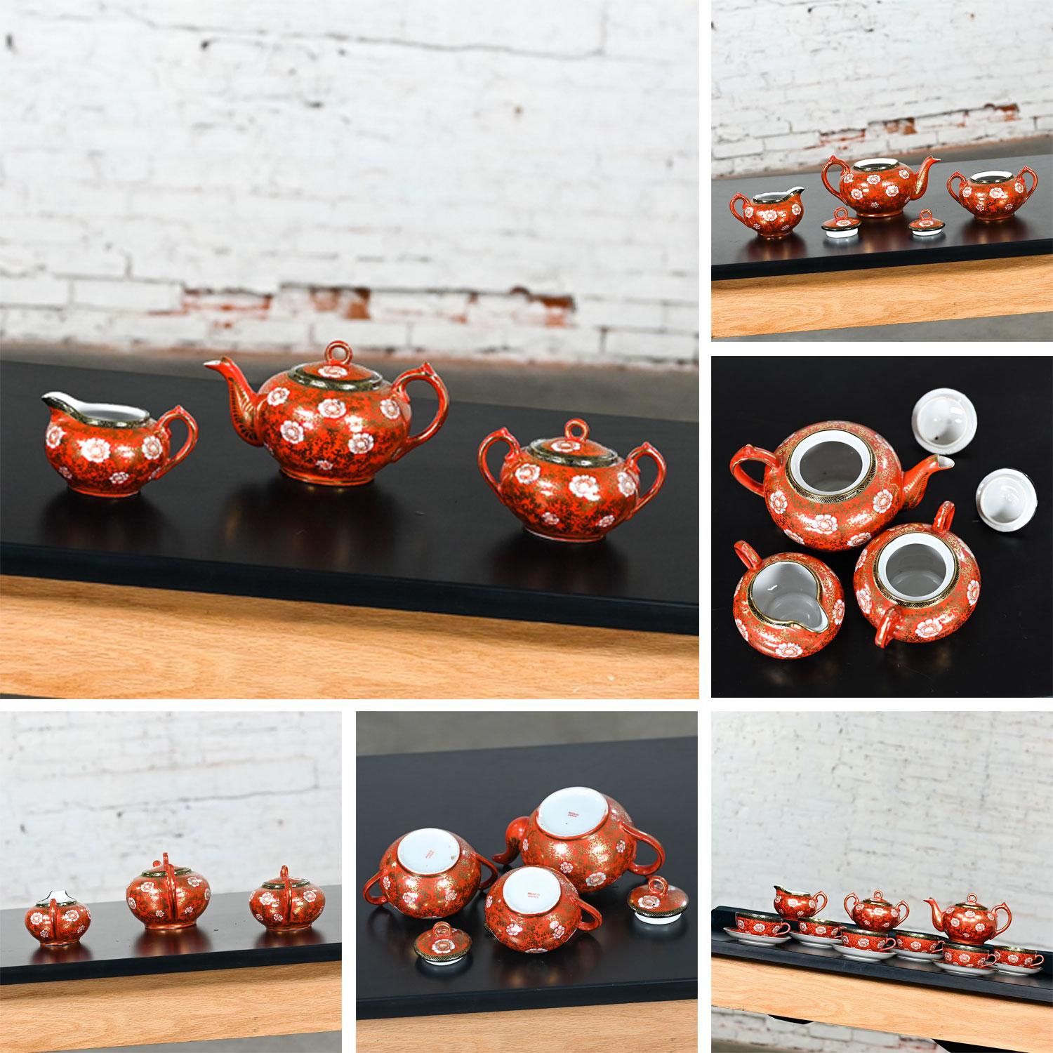 Oriental Chinese Red & Gold Hand Painted Porcelain Tea Set Made in Japan For Sale 4