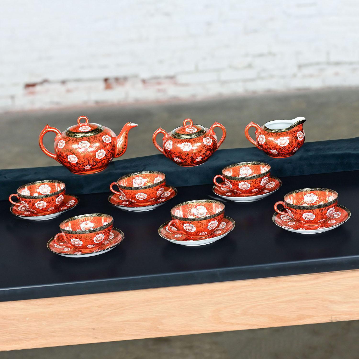 Gorgeous vintage Oriental Chinese red & gold hand painted porcelain tea set marked “Made in Japan.” Beautiful condition, keeping in mind that these are vintage and not new so will have signs of use and wear even if it has been refinished or