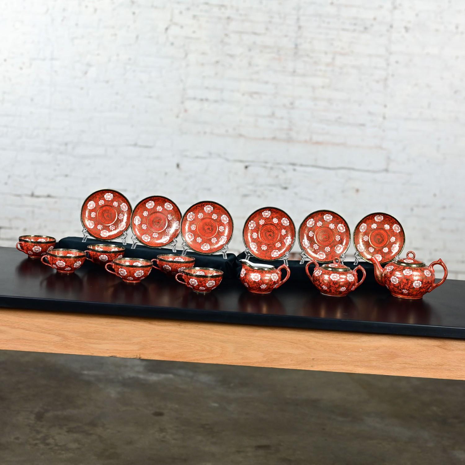 Oriental Chinese Red & Gold Hand Painted Porcelain Tea Set Made in Japan For Sale 13