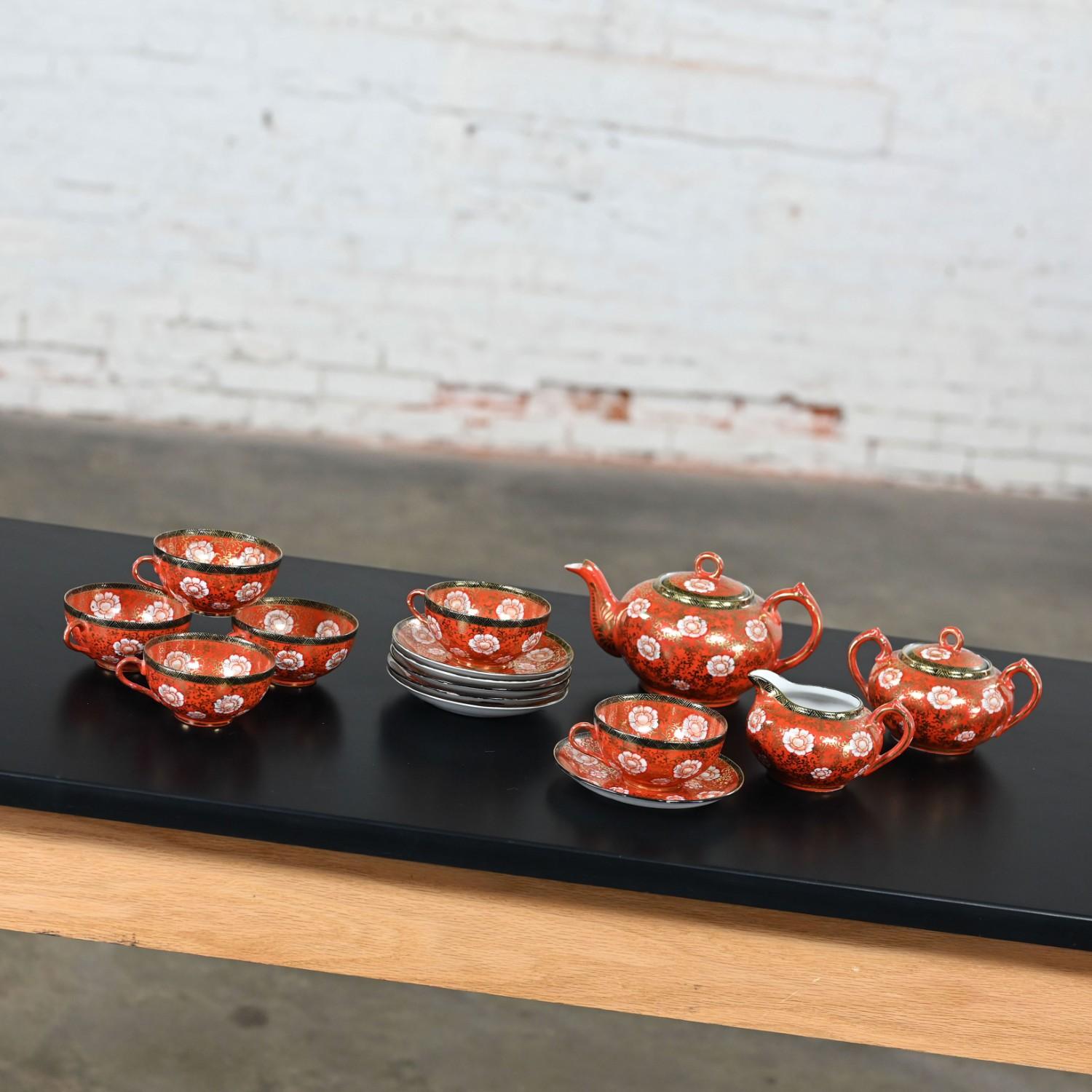 Chinese Export Oriental Chinese Red & Gold Hand Painted Porcelain Tea Set Made in Japan For Sale