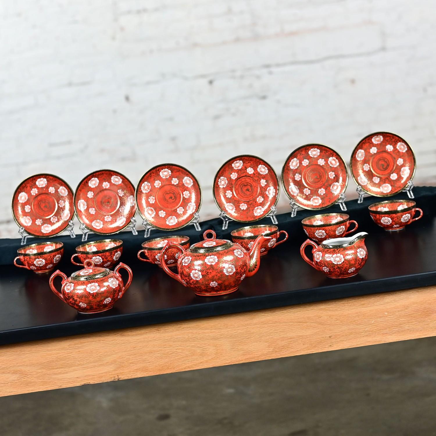 Japanese Oriental Chinese Red & Gold Hand Painted Porcelain Tea Set Made in Japan For Sale