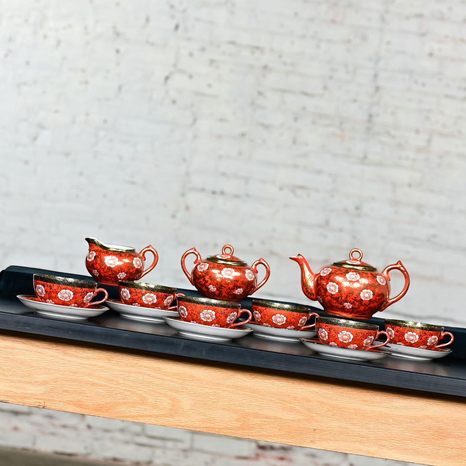 Hand-Painted Oriental Chinese Red & Gold Hand Painted Porcelain Tea Set Made in Japan For Sale