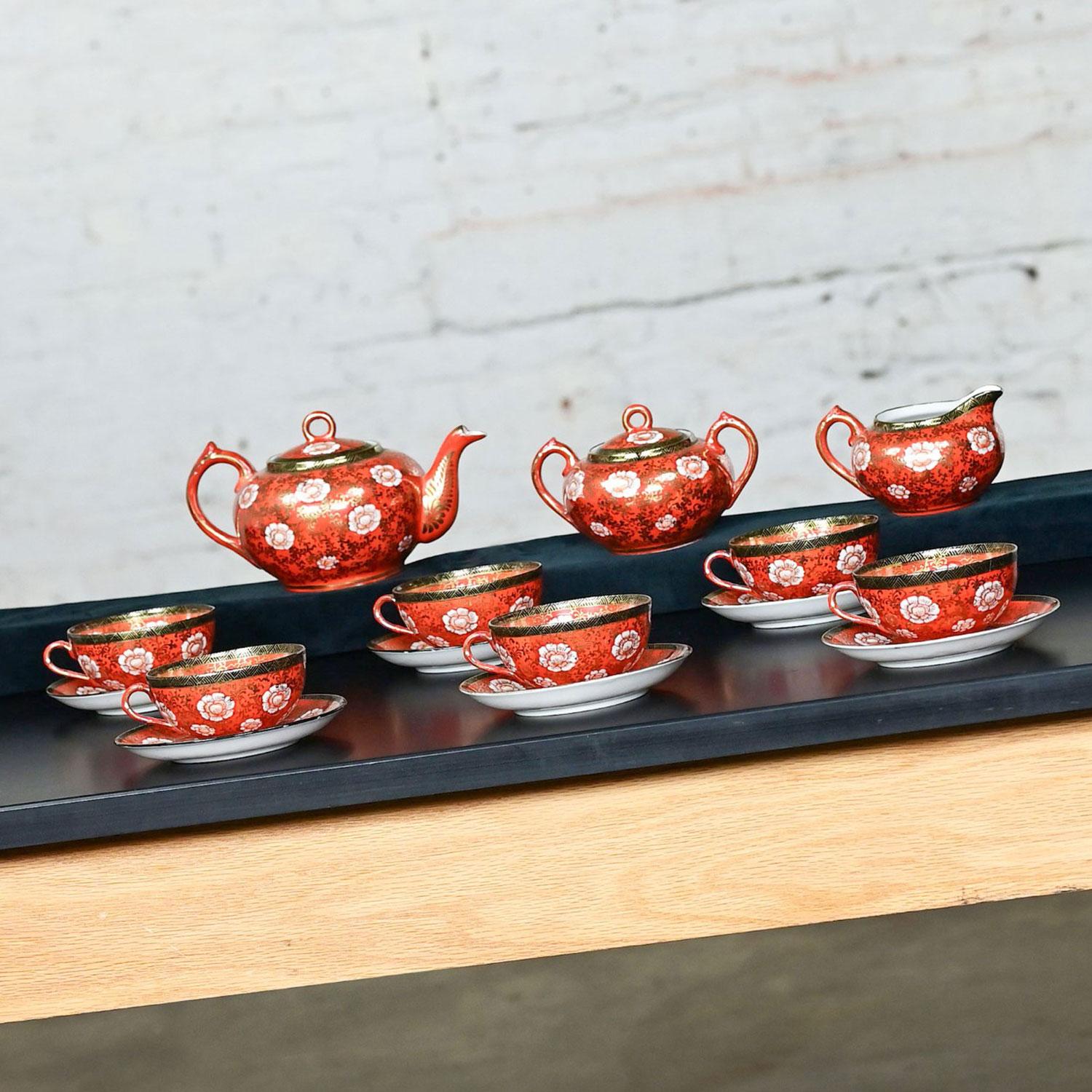 Oriental Chinese Red & Gold Hand Painted Porcelain Tea Set Made in Japan In Good Condition For Sale In Topeka, KS