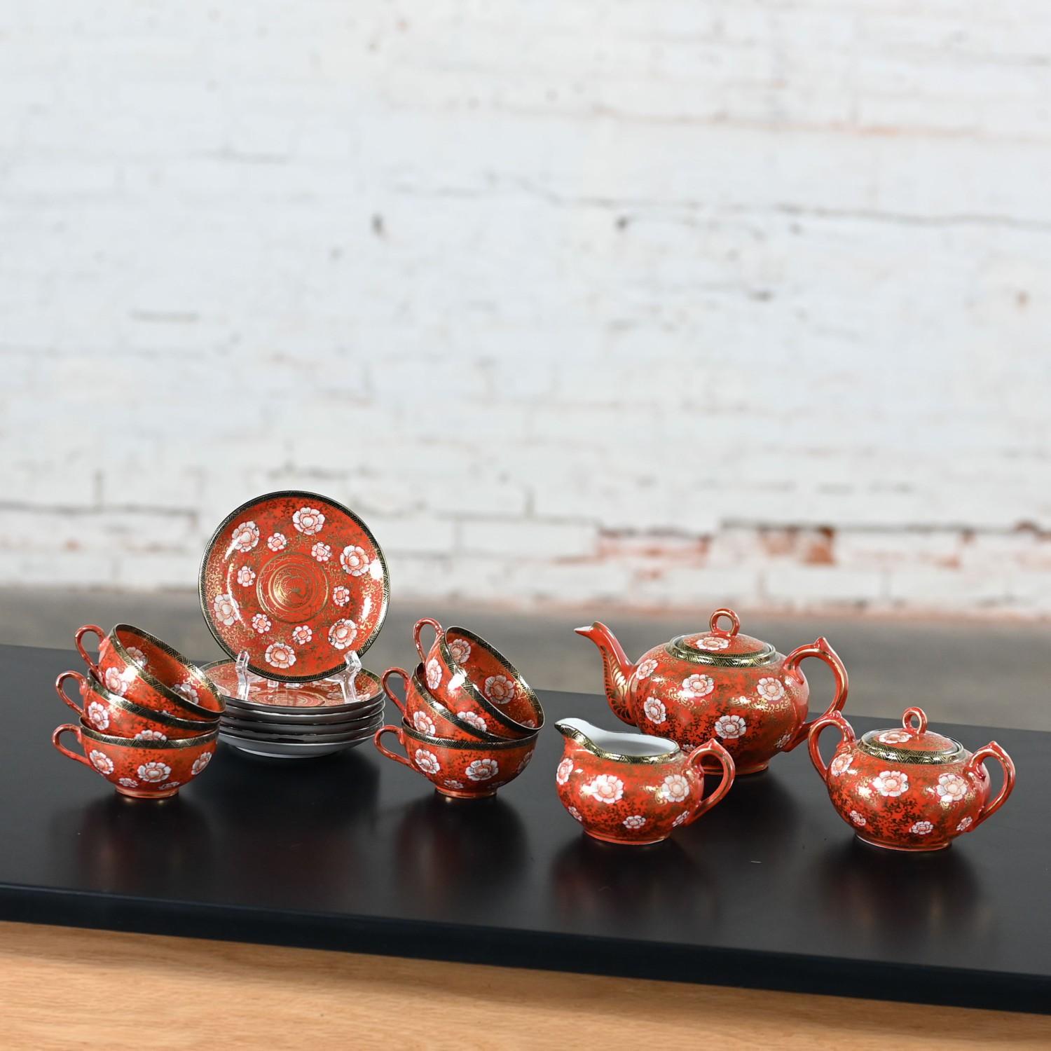 20th Century Oriental Chinese Red & Gold Hand Painted Porcelain Tea Set Made in Japan For Sale
