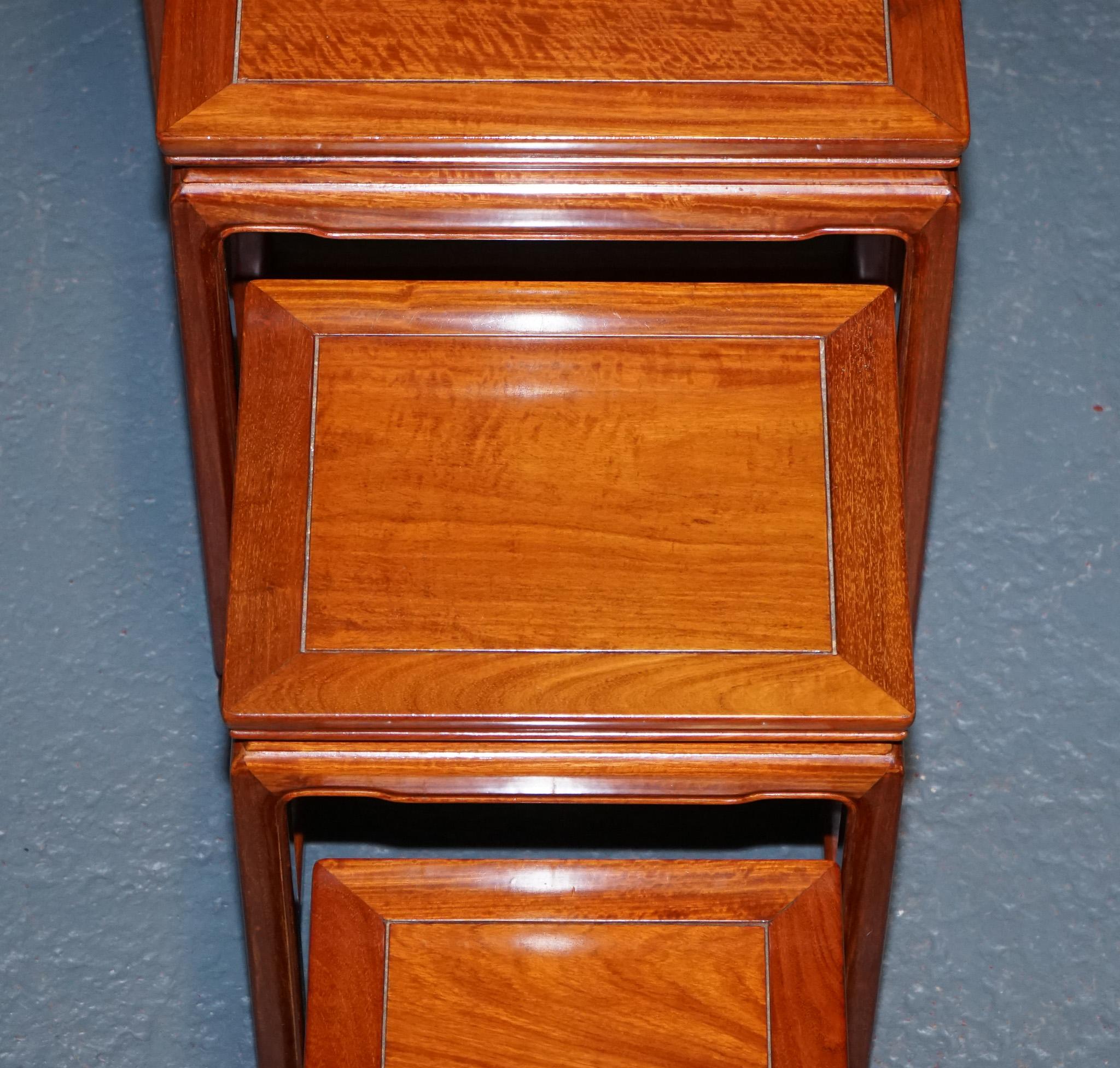ORIENTAL CHINESE TEAK NEST OF FOUR TABLES WITH CARVED DETAiLS For Sale 3