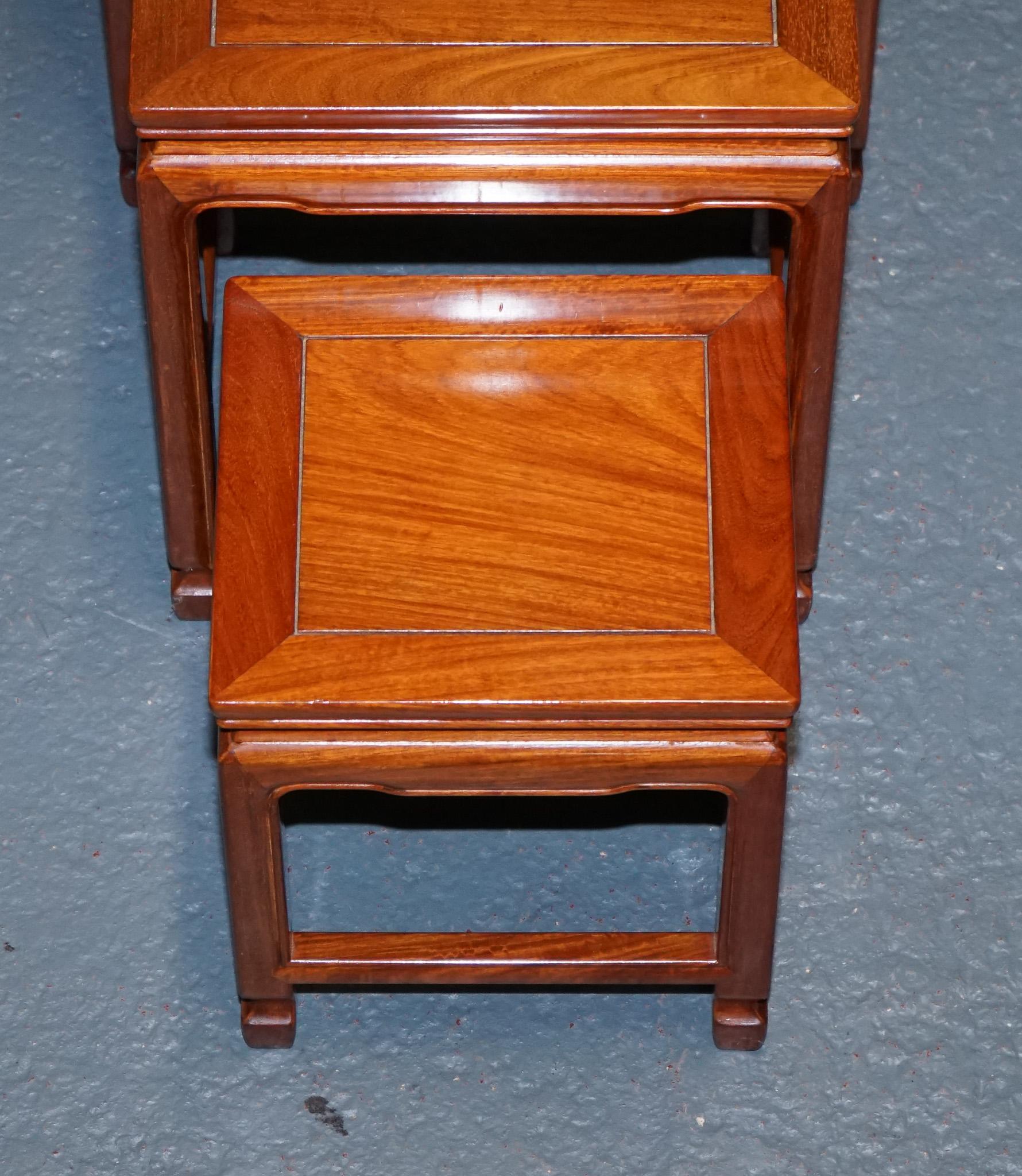 ORIENTAL CHINESE TEAK NEST OF FOUR TABLES WITH CARVED DETAiLS For Sale 4