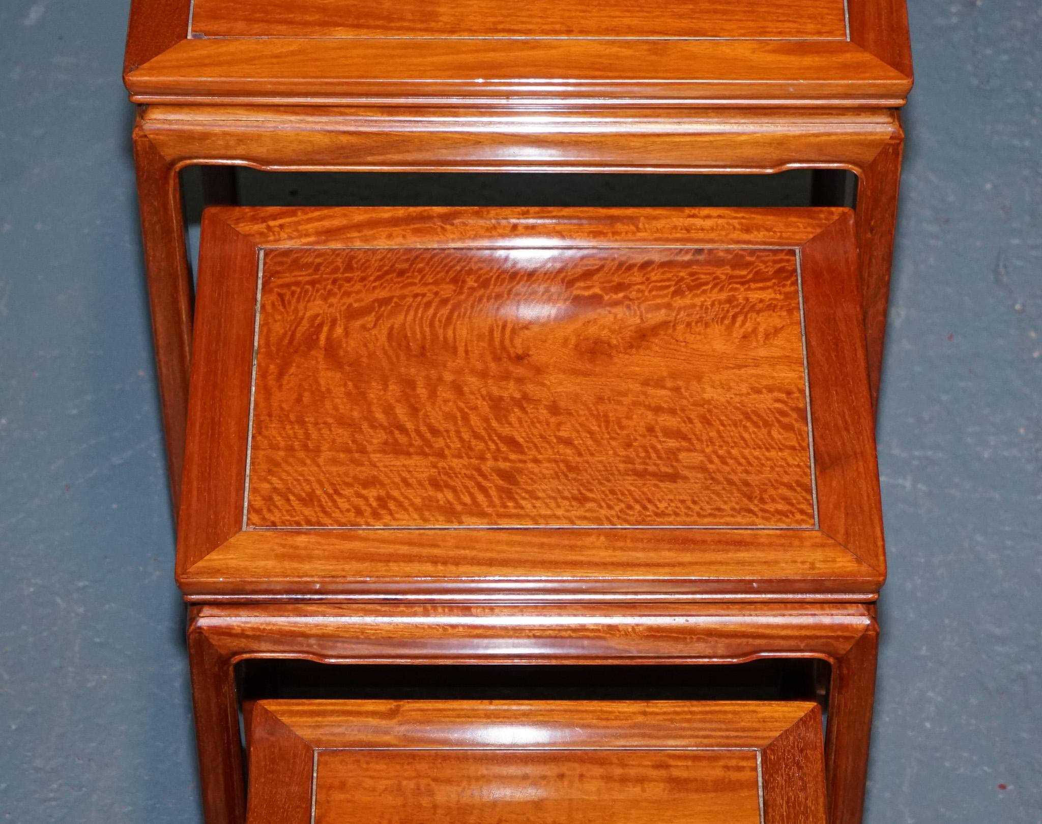 ORIENTAL CHINESE TEAK NEST OF FOUR TABLES WITH CARVED DETAiLS For Sale 2