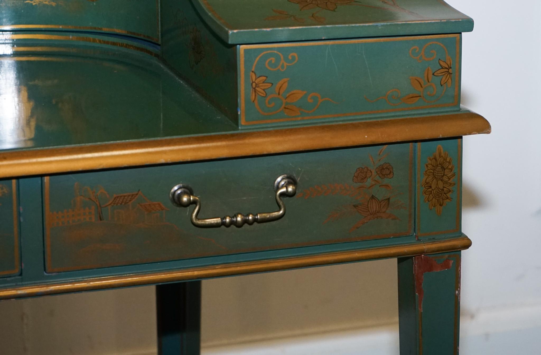 ORIENTAL CHINOISERIE GREEN & GOLD CARLTON DESK WITH MATCHING ARMCHAiR For Sale 4