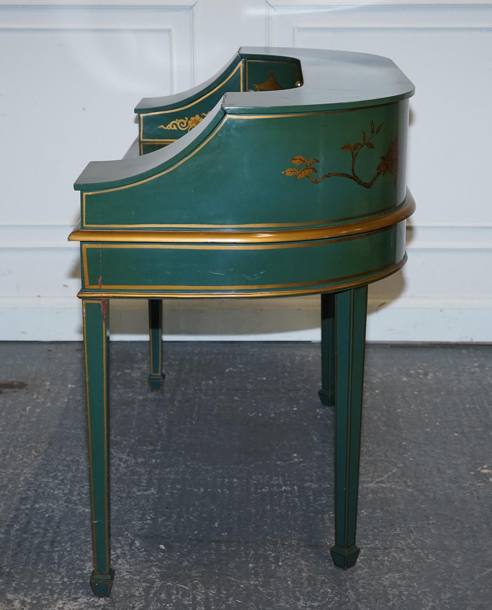 ORIENTAL CHINOISERIE GREEN & GOLD CARLTON DESK WITH MATCHING ARMCHAiR For Sale 6