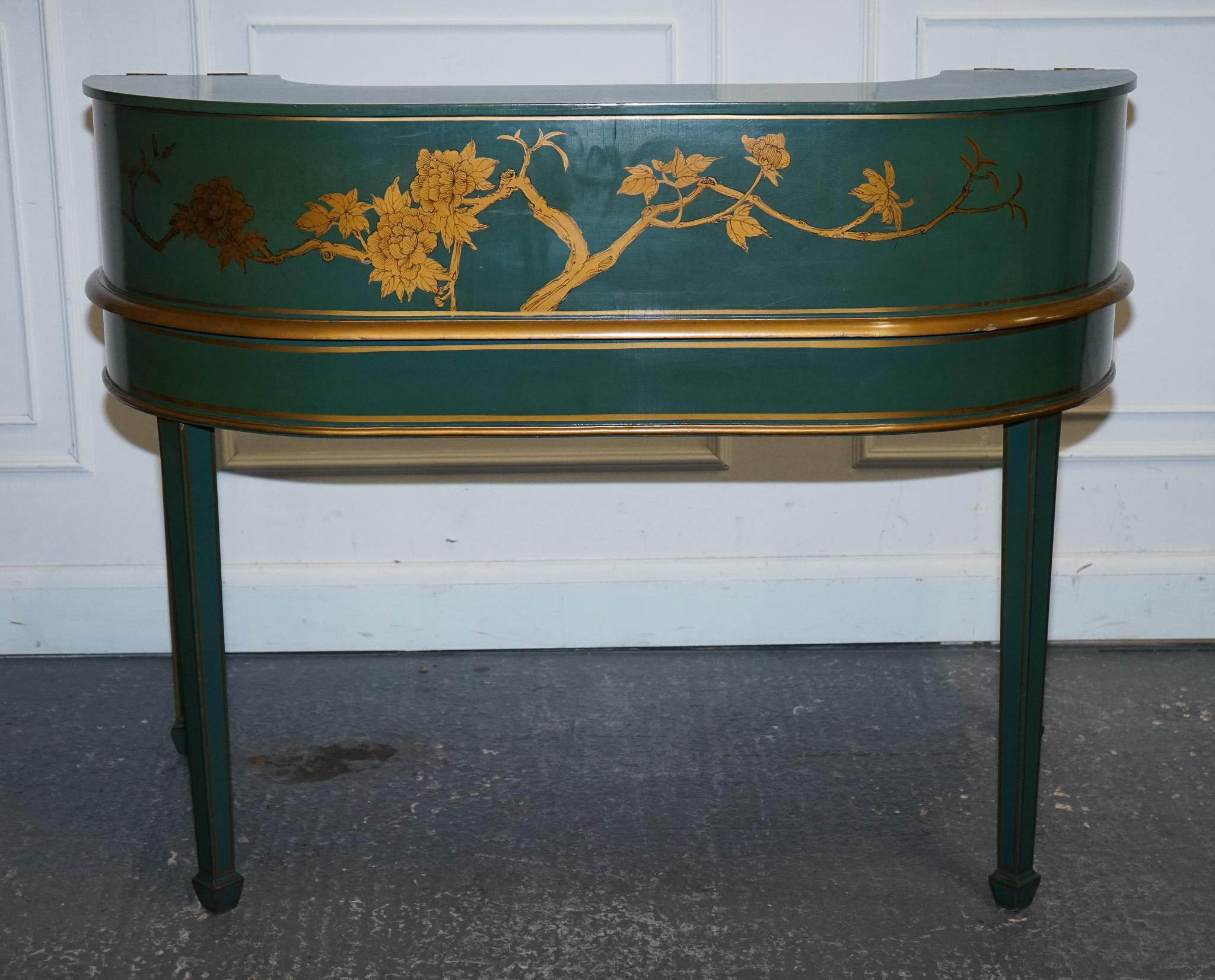 ORIENTAL CHINOISERIE GREEN & GOLD CARLTON DESK WITH MATCHING ARMCHAiR For Sale 7