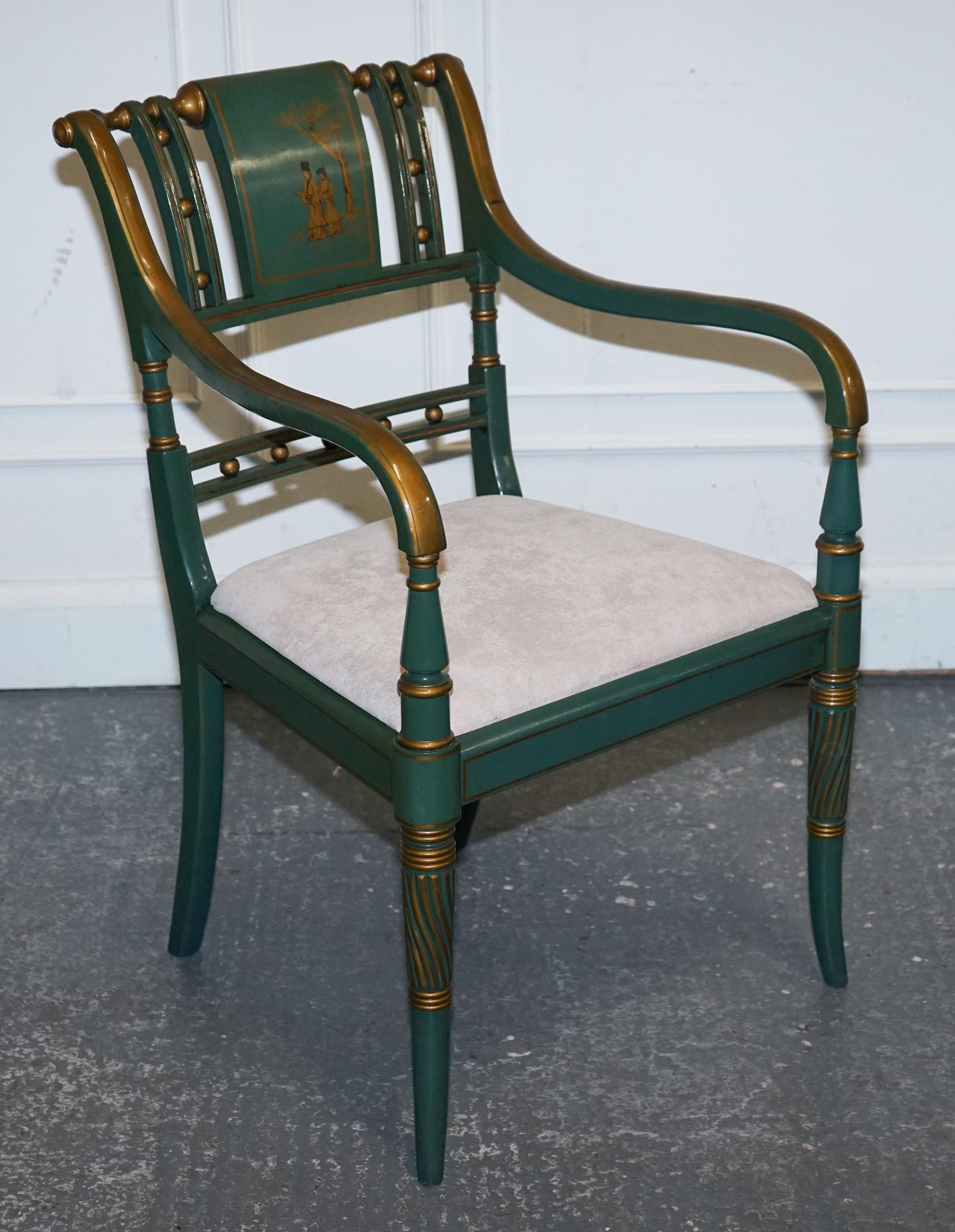 ORIENTAL CHINOISERIE GREEN & GOLD CARLTON DESK WITH MATCHING ARMCHAiR For Sale 8