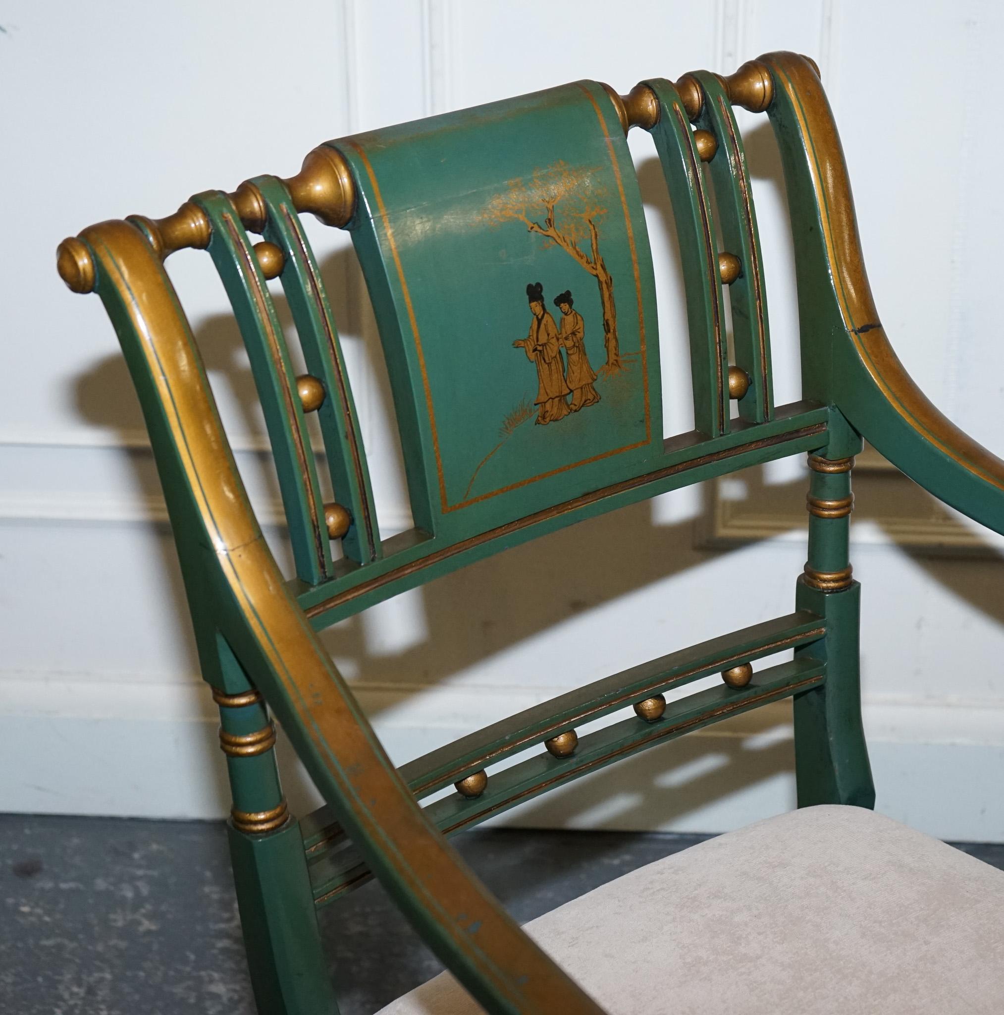 ORIENTAL CHINOISERIE GREEN & GOLD CARLTON DESK WITH MATCHING ARMCHAiR For Sale 9