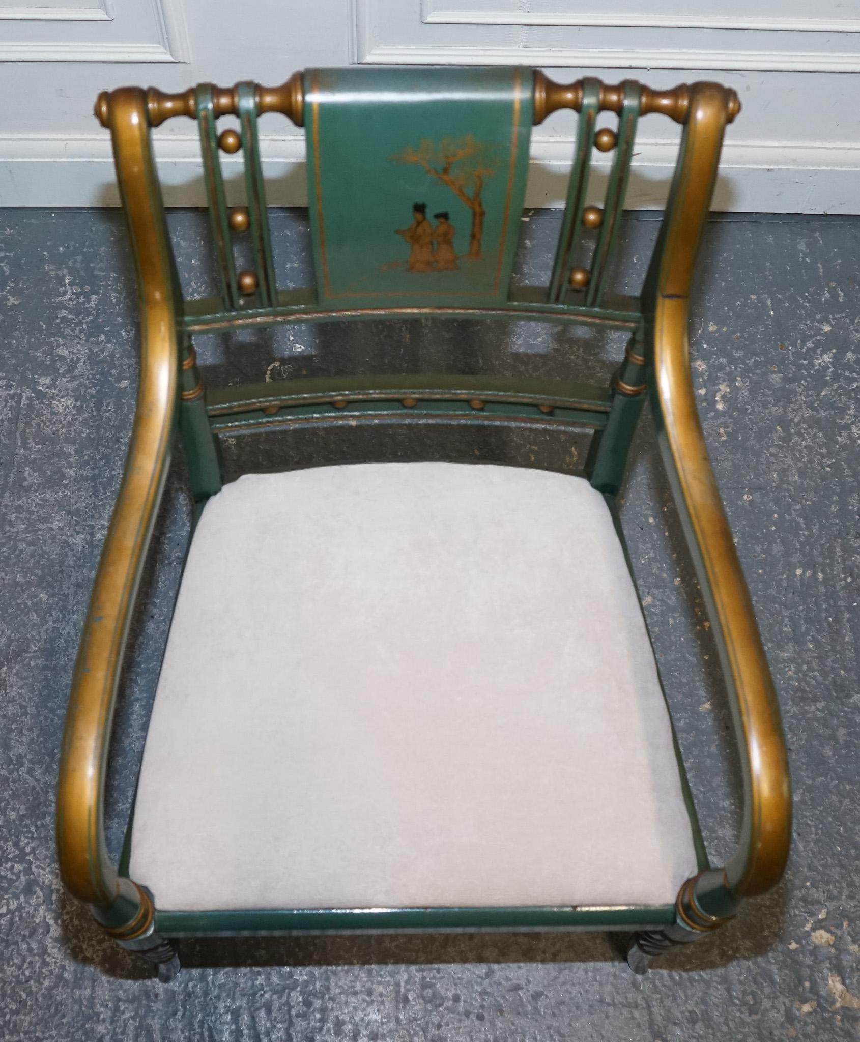ORIENTAL CHINOISERIE GREEN & GOLD CARLTON DESK WITH MATCHING ARMCHAiR For Sale 10