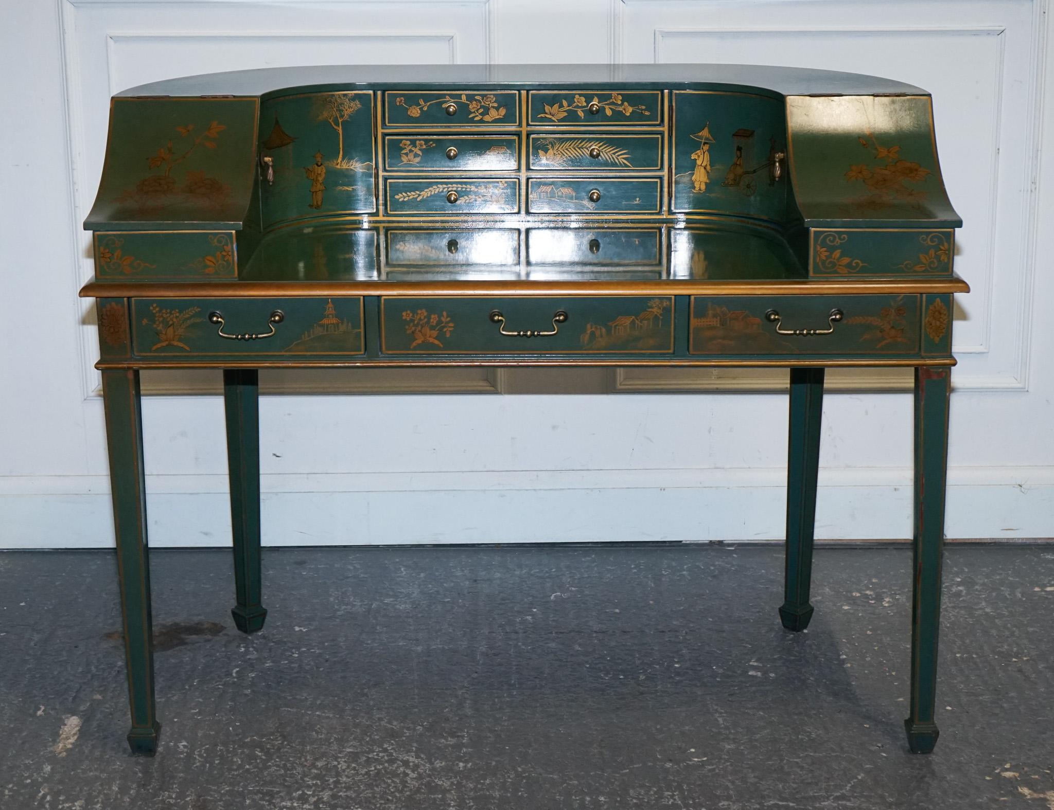 
Antiques of London



We are delighted to offer for sale this is no ordinary desk and chair; it's a dazzling Oriental Chinoiserie ensemble, a testament to artistry and functional design. The Carlton desk, a hallmark of organised elegance, is the