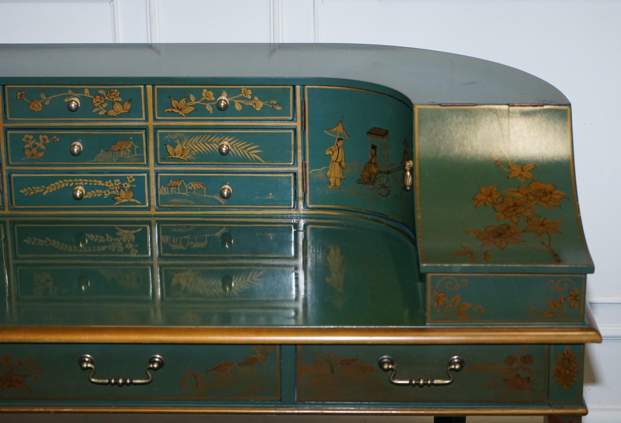 Hand-Crafted ORIENTAL CHINOISERIE GREEN & GOLD CARLTON DESK WITH MATCHING ARMCHAiR For Sale