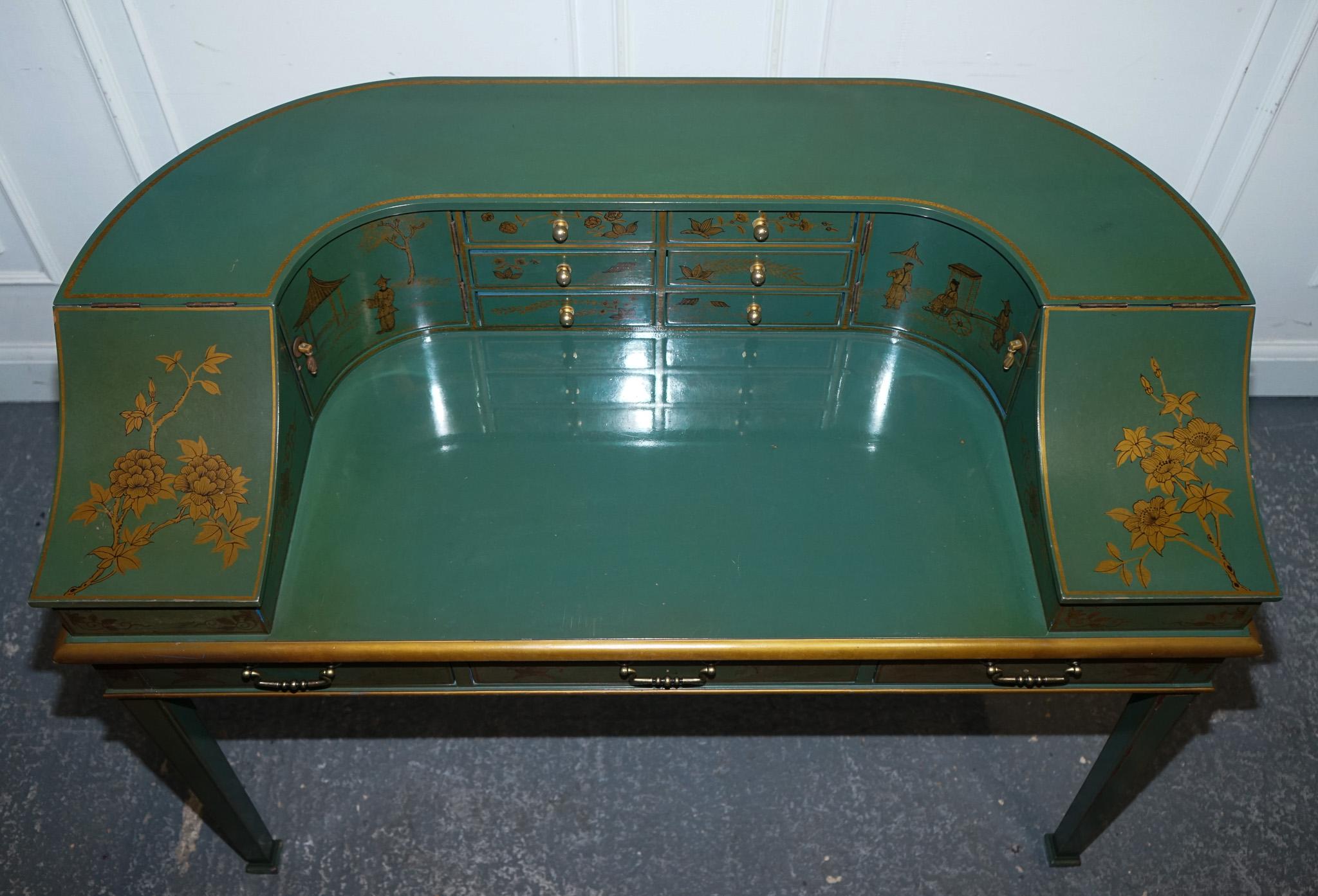 Hardwood ORIENTAL CHINOISERIE GREEN & GOLD CARLTON DESK WITH MATCHING ARMCHAiR For Sale