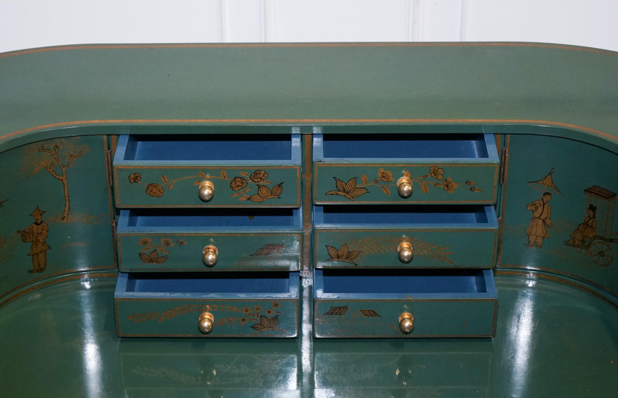 ORIENTAL CHINOISERIE GREEN & GOLD CARLTON DESK WITH MATCHING ARMCHAiR For Sale 1