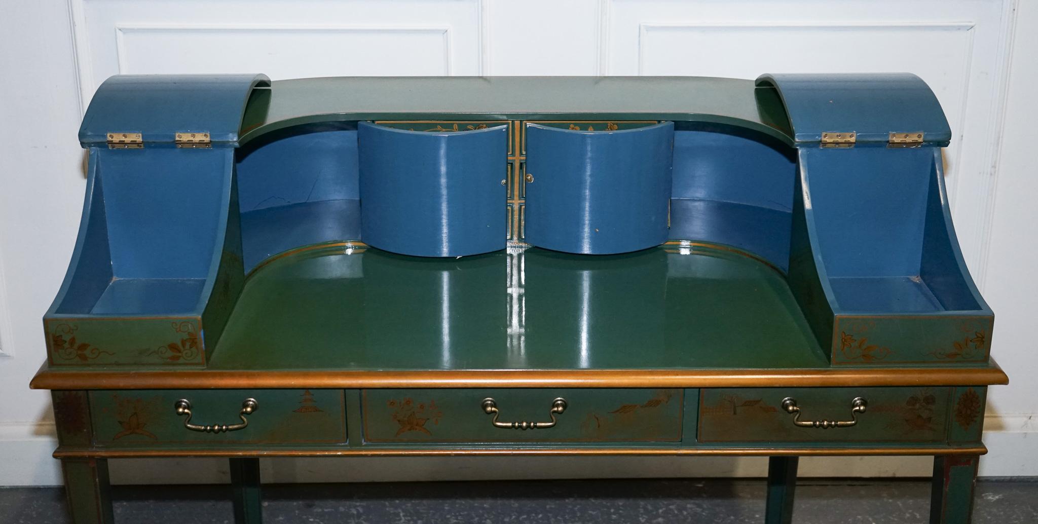 ORIENTAL CHINOISERIE GREEN & GOLD CARLTON DESK WITH MATCHING ARMCHAiR For Sale 2