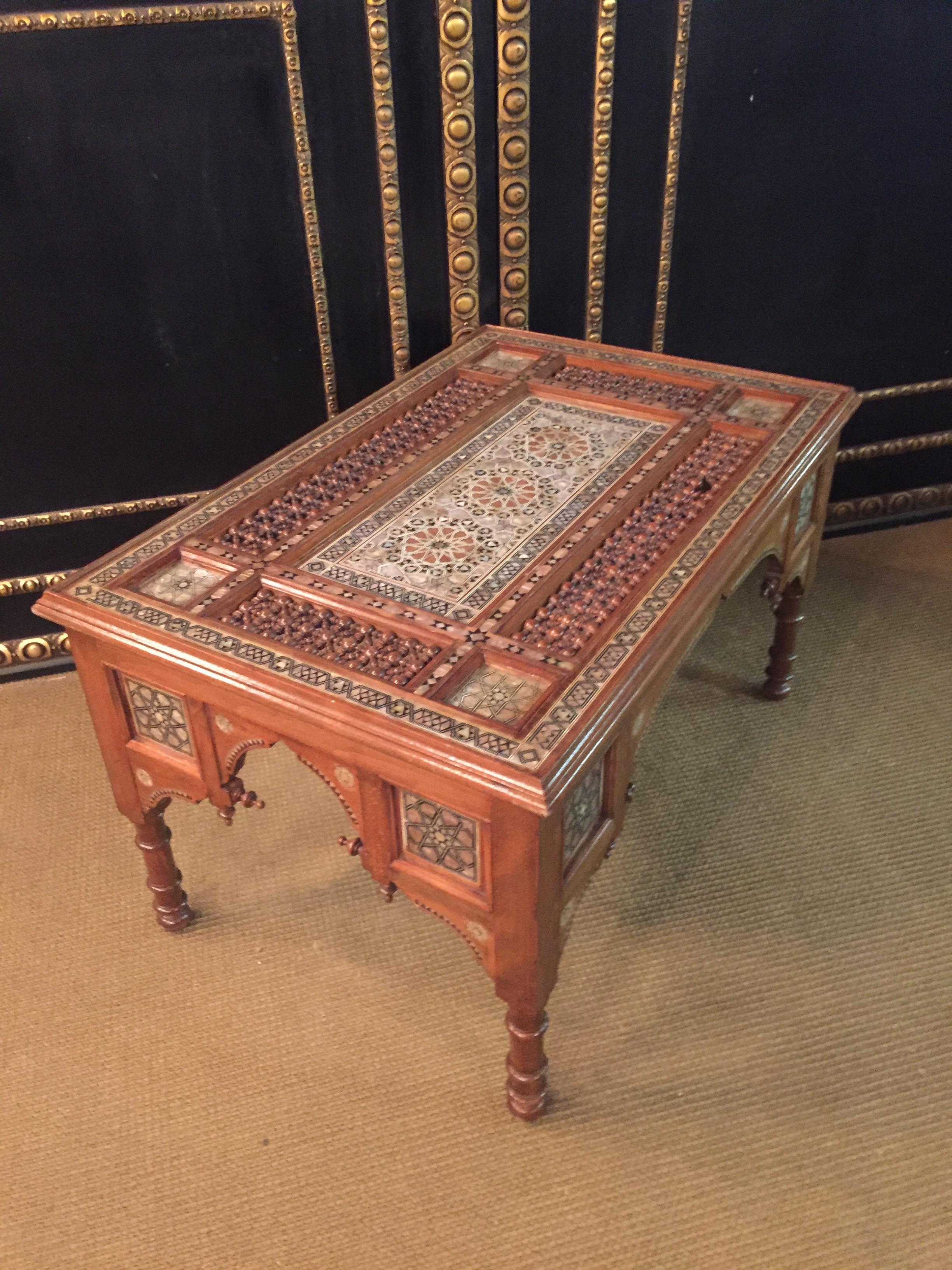 Wood Antique Oriental Coffee Table Inlaid with Finest Mother of Pearl For Sale