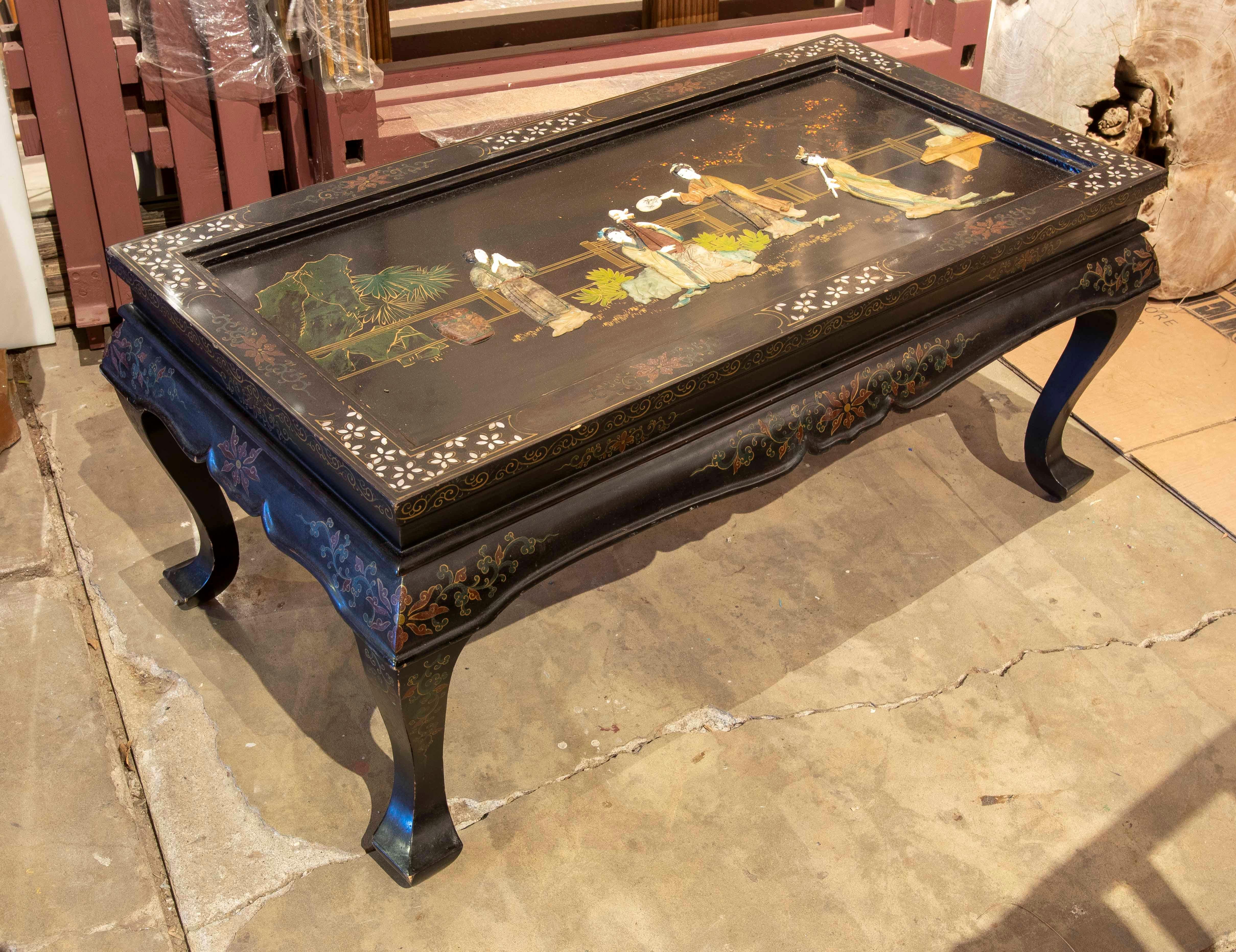 Oriental Coffee Table Lacquered in Black with Decoration of Characters with 
Semi-Precious Stones
