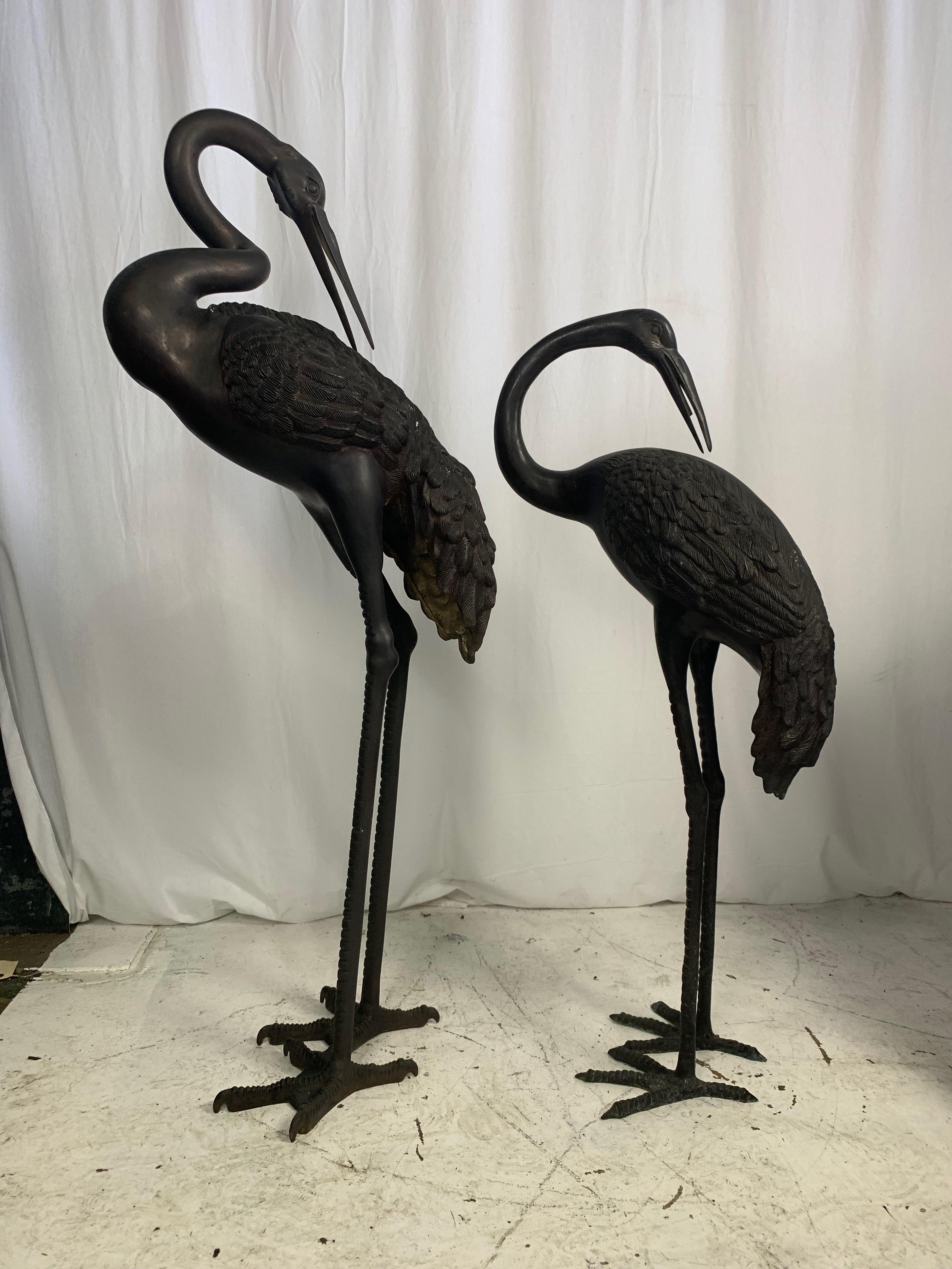A pair of large bronze oriental cranes. A symbol of longevity and wisdom in oriental mythology, the crane is also considered to be the intermediary between earth and heaven.
Measures: Male crane- height 55 (inches), width 21 (inches), depth 9