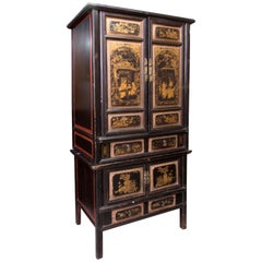 Antique Oriental Cupboard, Lacquered Wood, 19th-20th Century