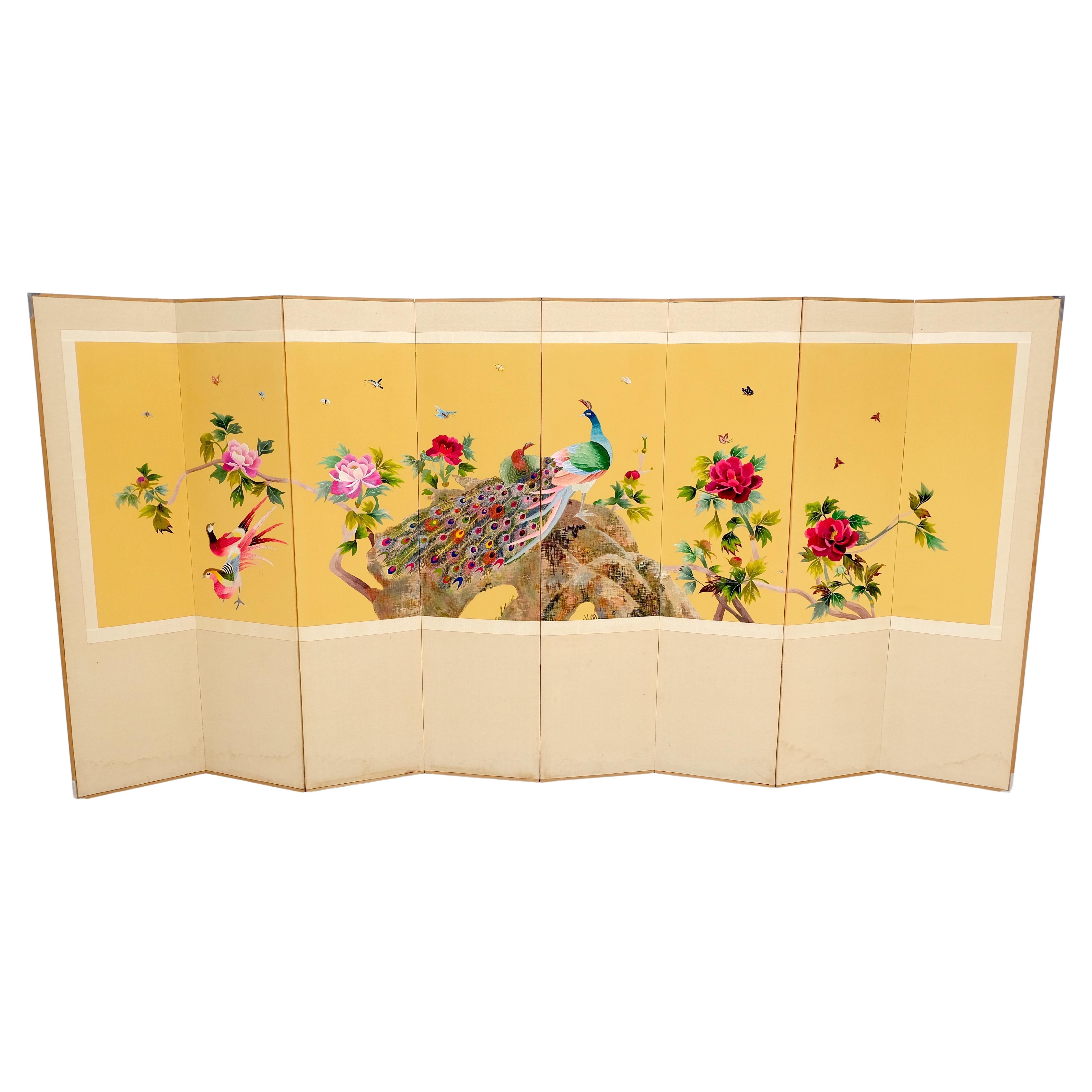 Paravent oriental chinois décoratif 8 panneaux en soie brodée scène de paon 