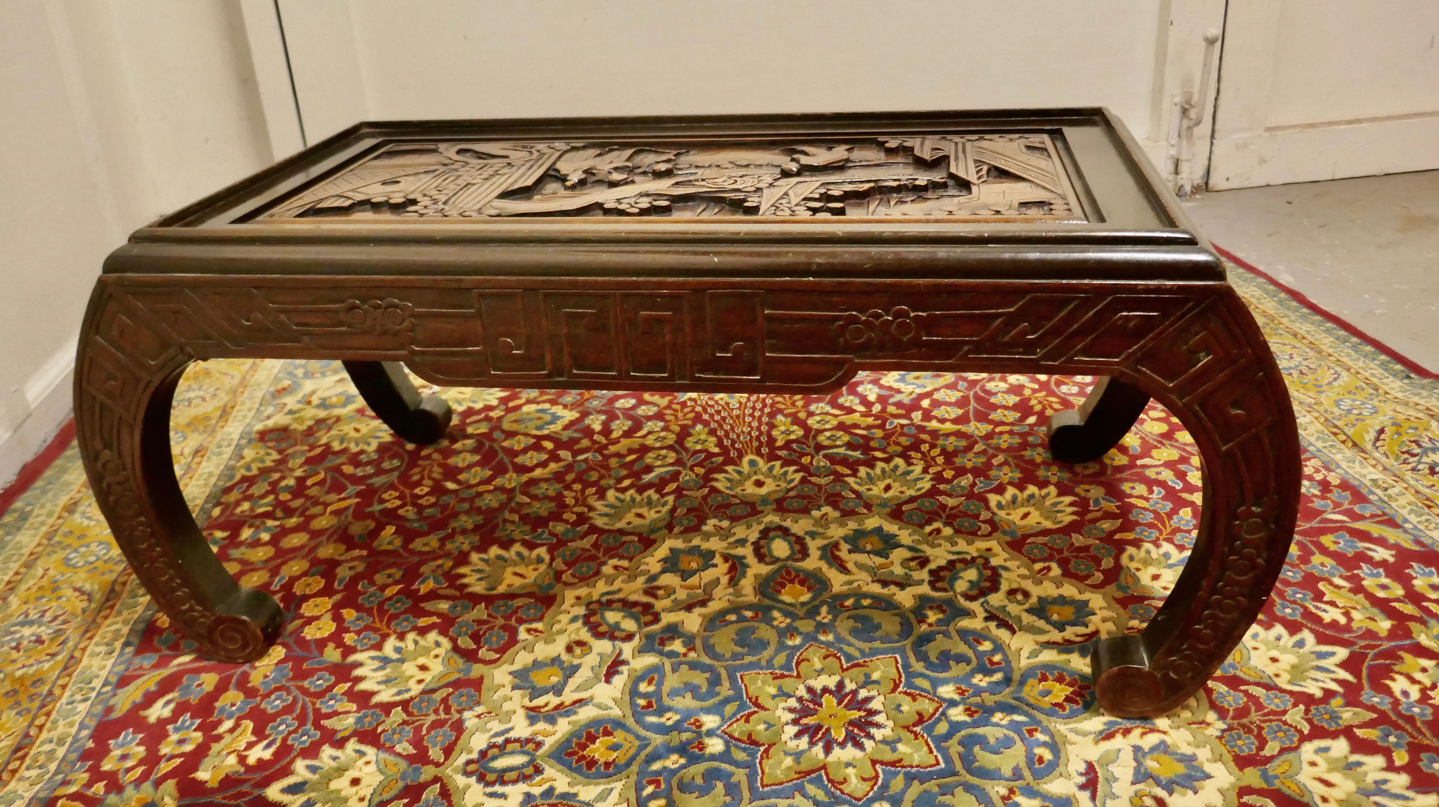Chinese Chippendale Oriental Deeply Carved Low Table, Coffee Table For Sale