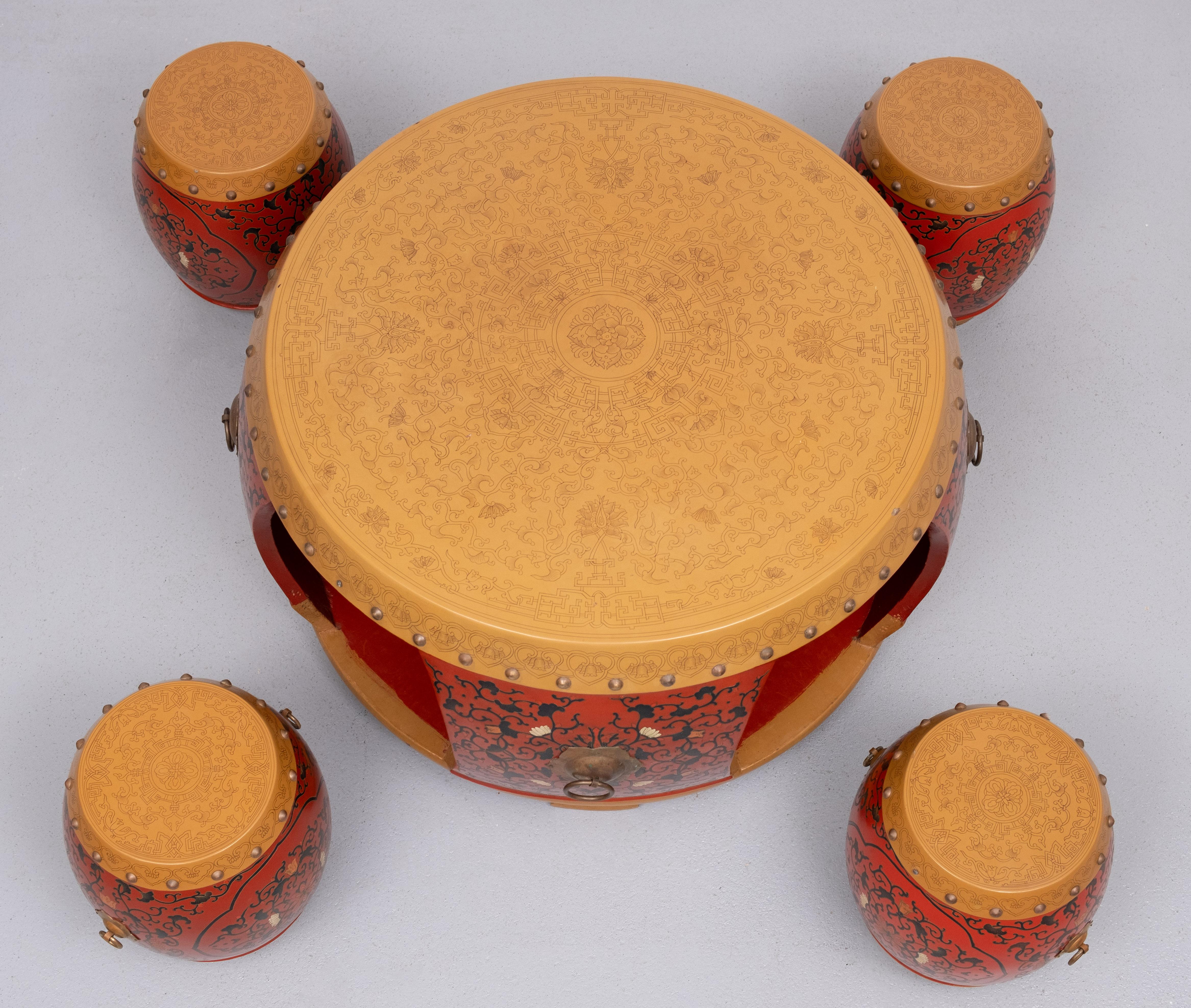 Central Asian Oriental Drum Table with 4 little stools  1960s For Sale