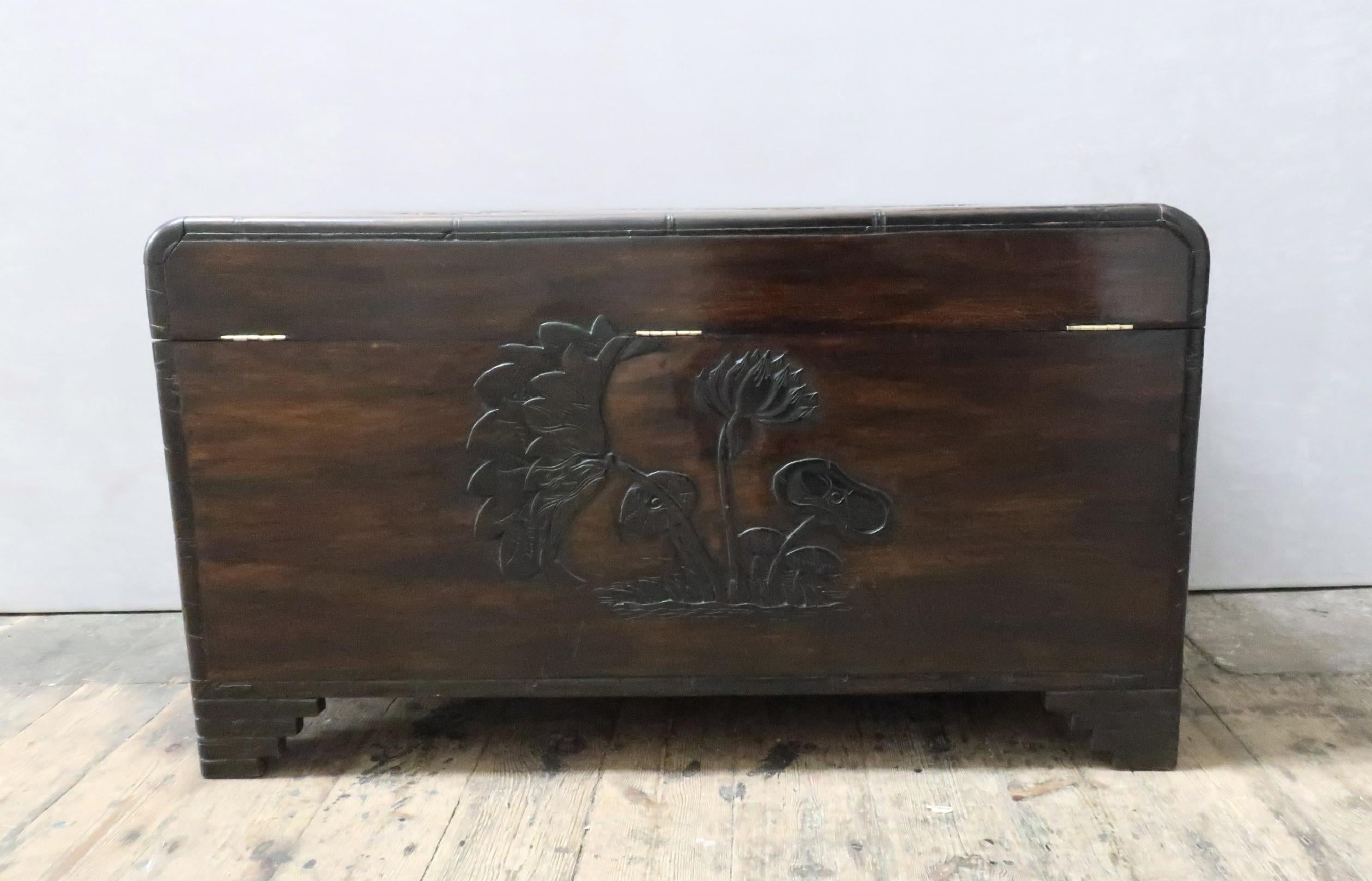 Oriental Early 20th Century Freestanding Carved Camphor Wood Chest 5
