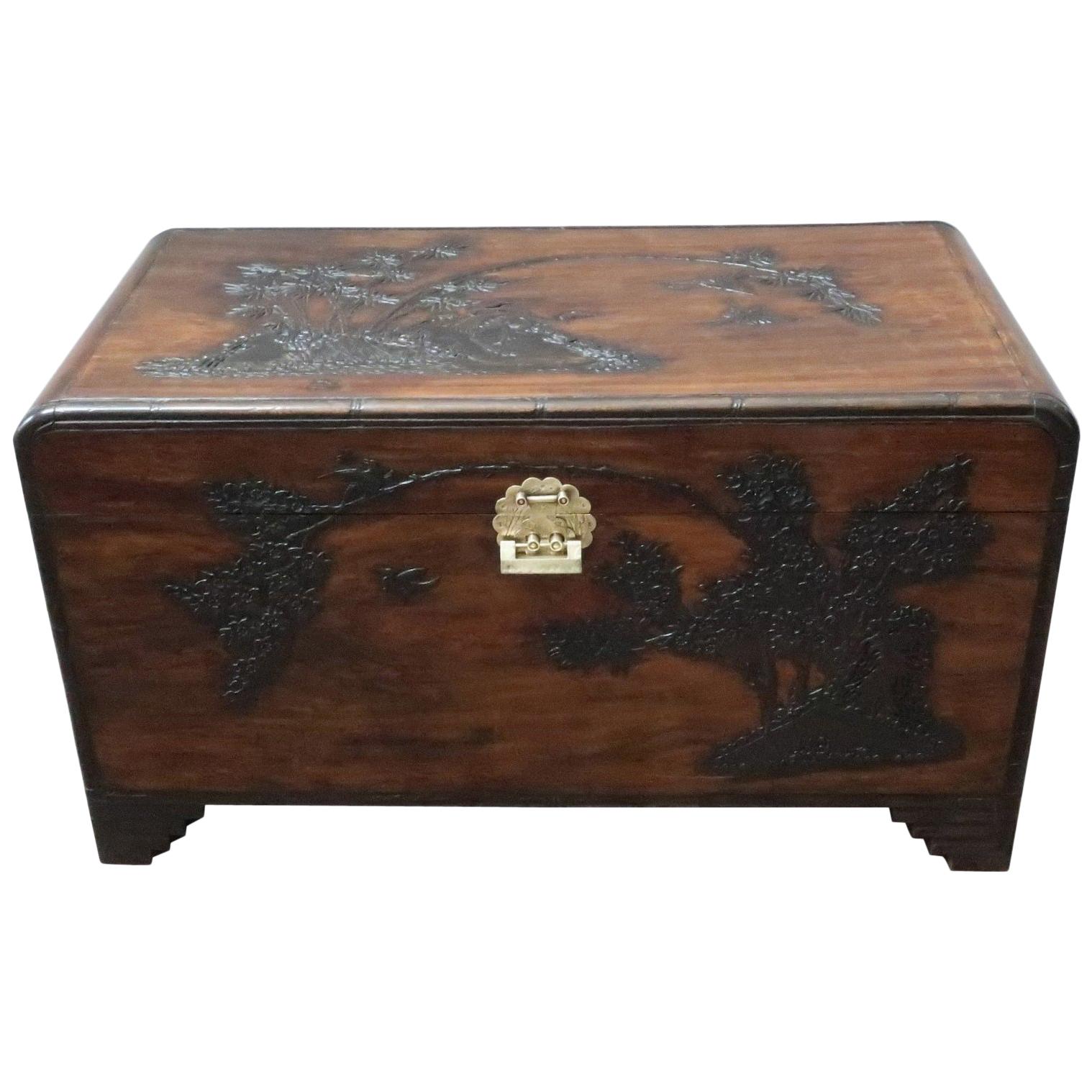 Oriental Early 20th Century Freestanding Carved Camphor Wood Chest