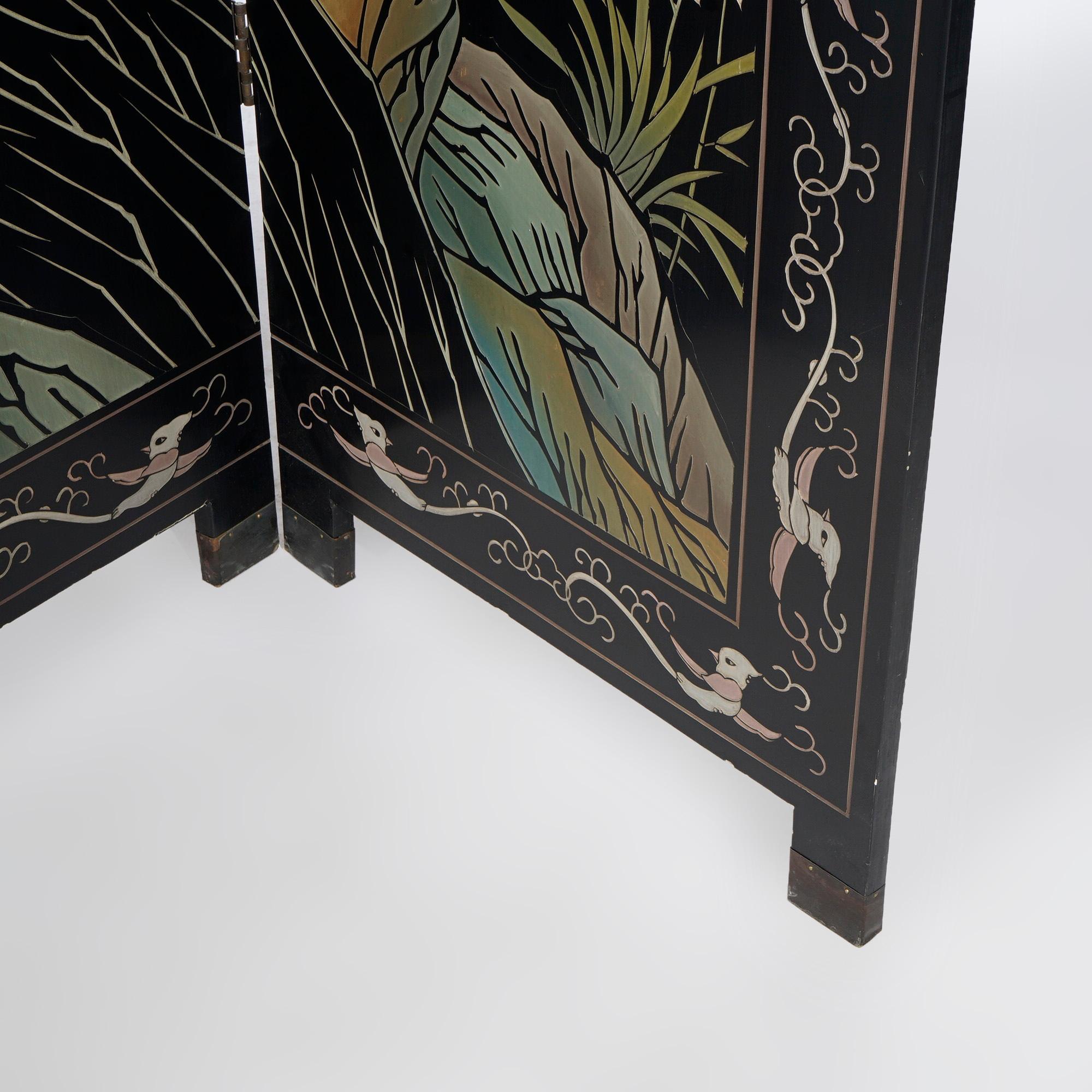 Oriental Ebonized Four Panel Garden Scene Dressing Screen 20th C 2