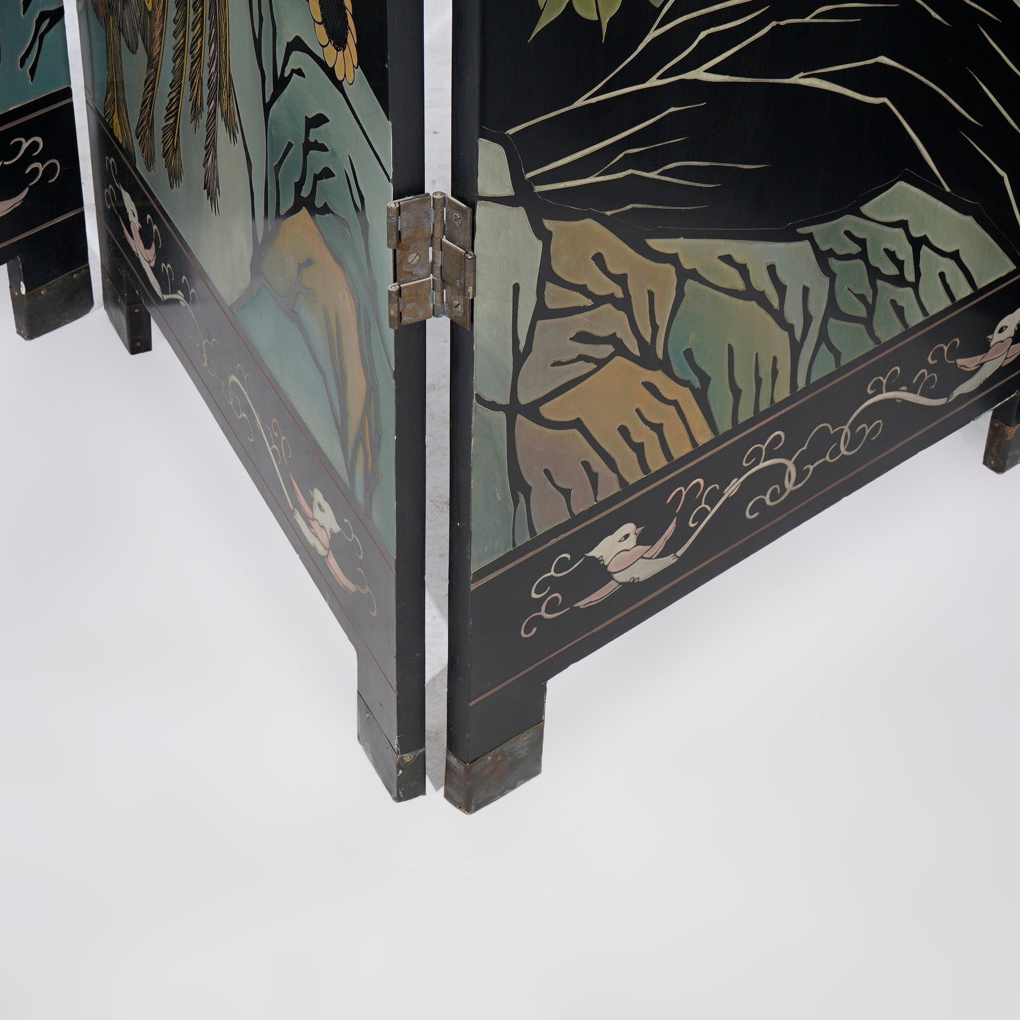 Oriental Ebonized Four Panel Garden Scene Dressing Screen 20th C 3