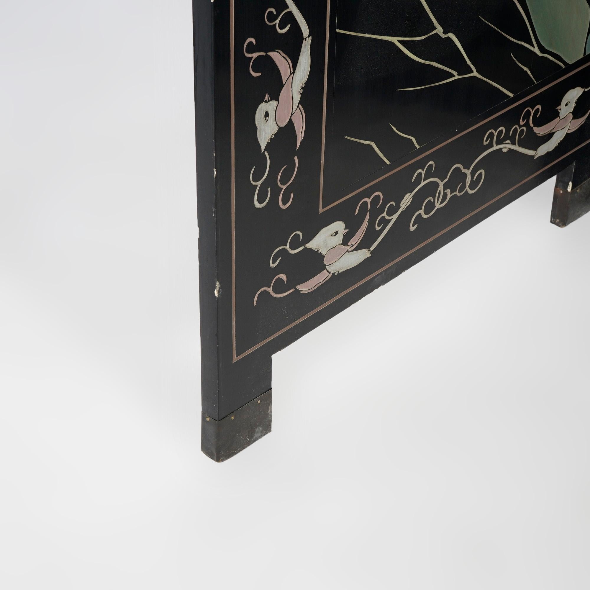 Oriental Ebonized Four Panel Garden Scene Dressing Screen 20th C 4