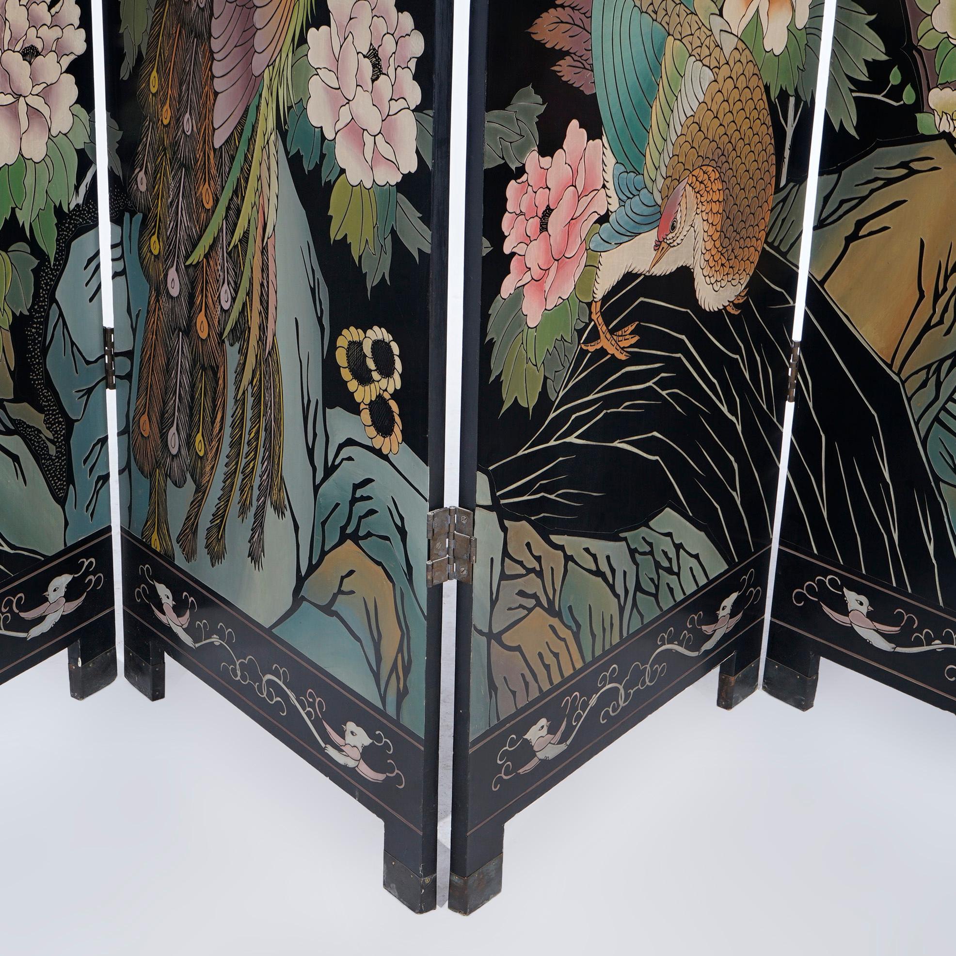 Oriental Ebonized Four Panel Garden Scene Dressing Screen 20th C 6