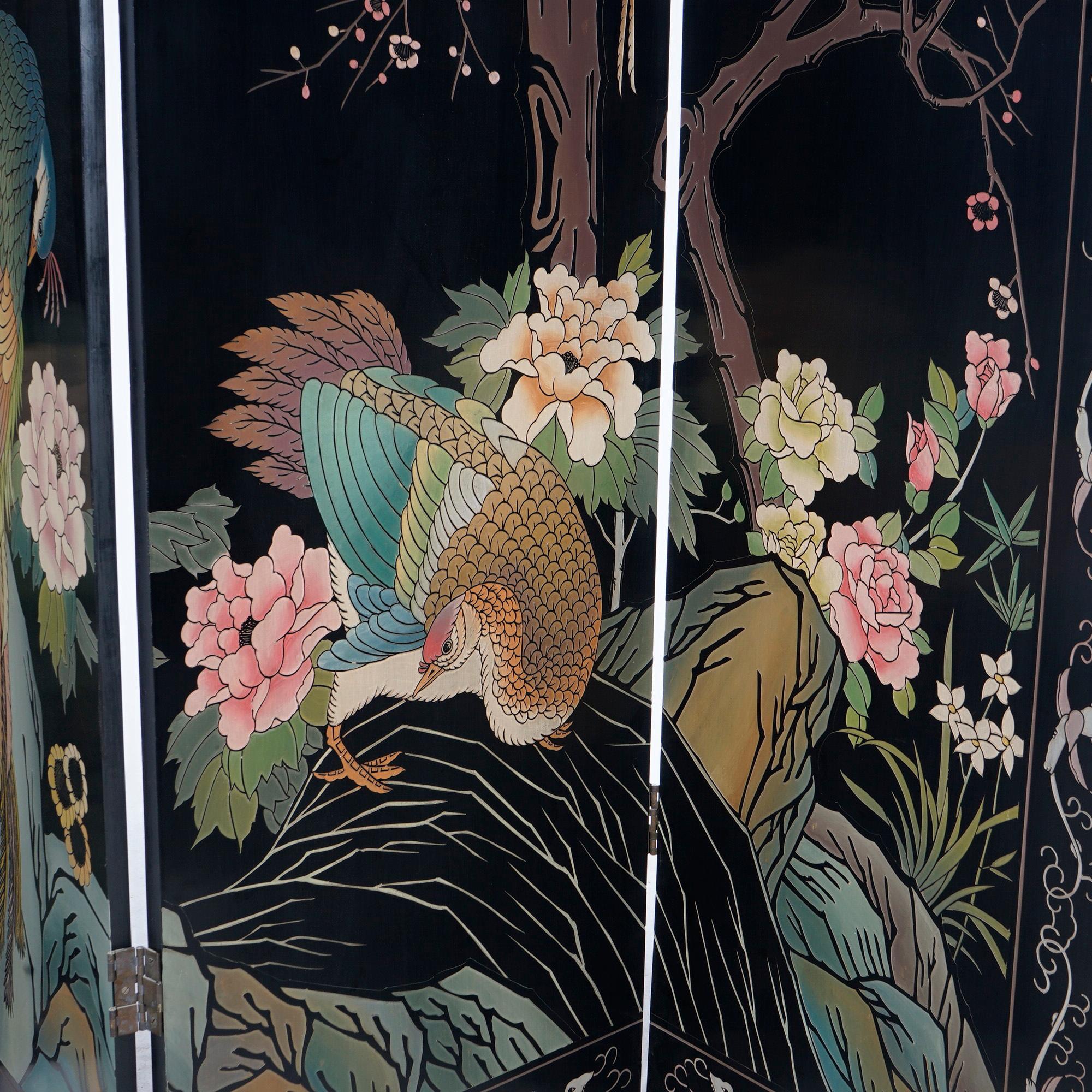 Oriental Ebonized Four Panel Garden Scene Dressing Screen 20th C 7