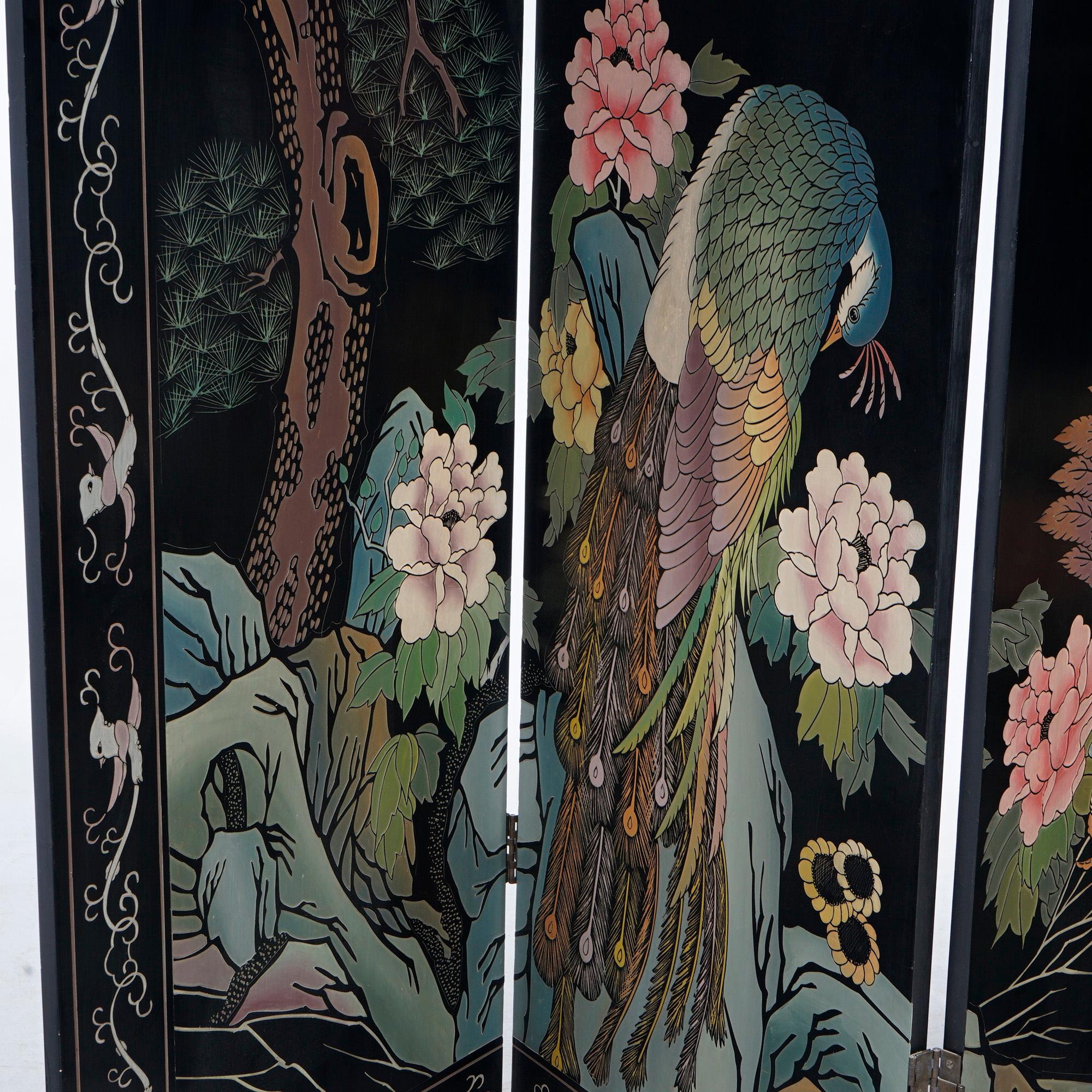 Oriental Ebonized Four Panel Garden Scene Dressing Screen 20th C 8