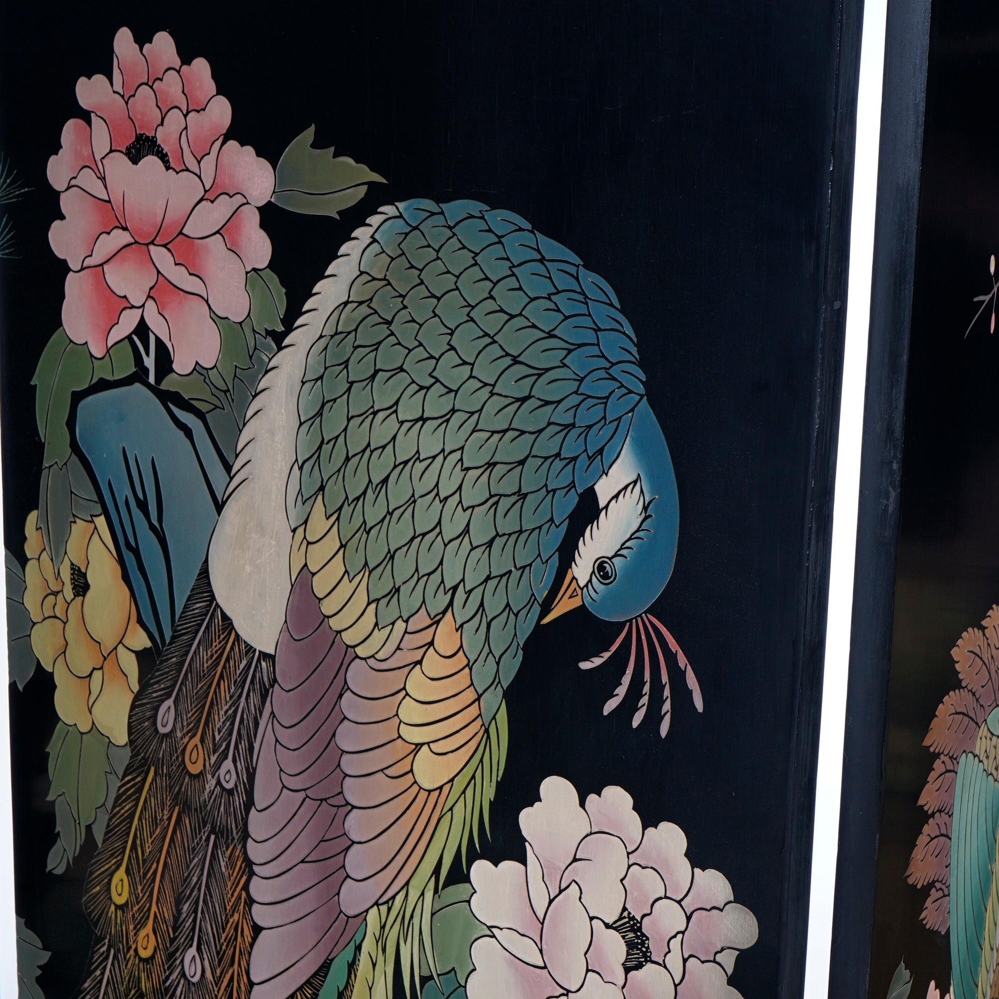 Oriental Ebonized Four Panel Garden Scene Dressing Screen 20th C 9
