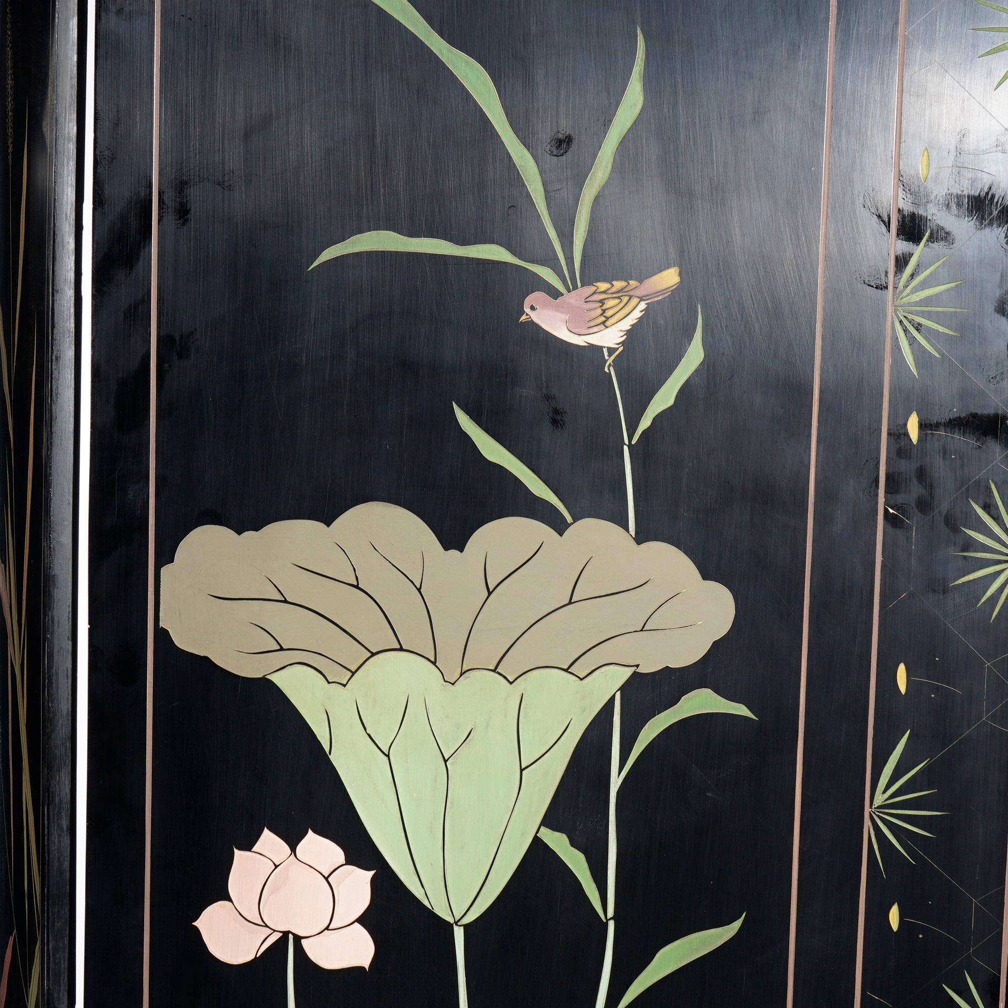 Oriental Ebonized Four Panel Garden Scene Dressing Screen 20th C 10