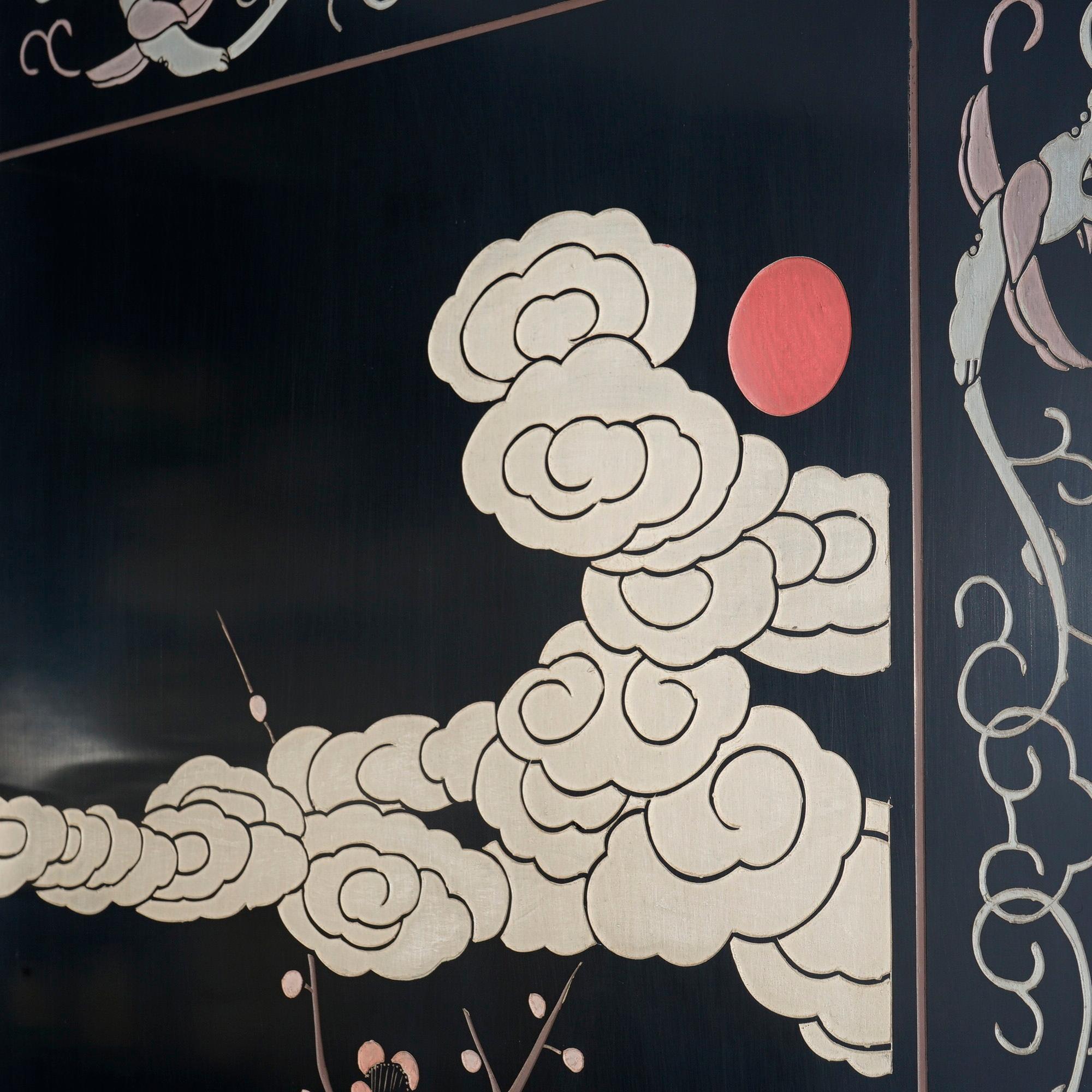 Oriental Ebonized Four Panel Garden Scene Dressing Screen 20th C 11