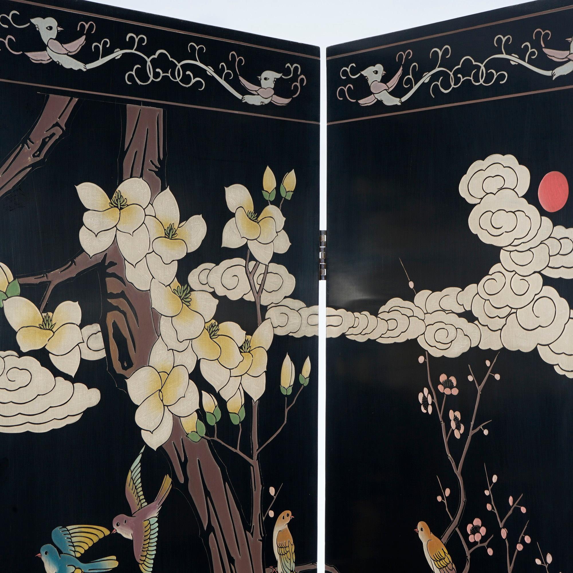 Oriental Ebonized Four Panel Garden Scene Dressing Screen 20th C In Good Condition In Big Flats, NY