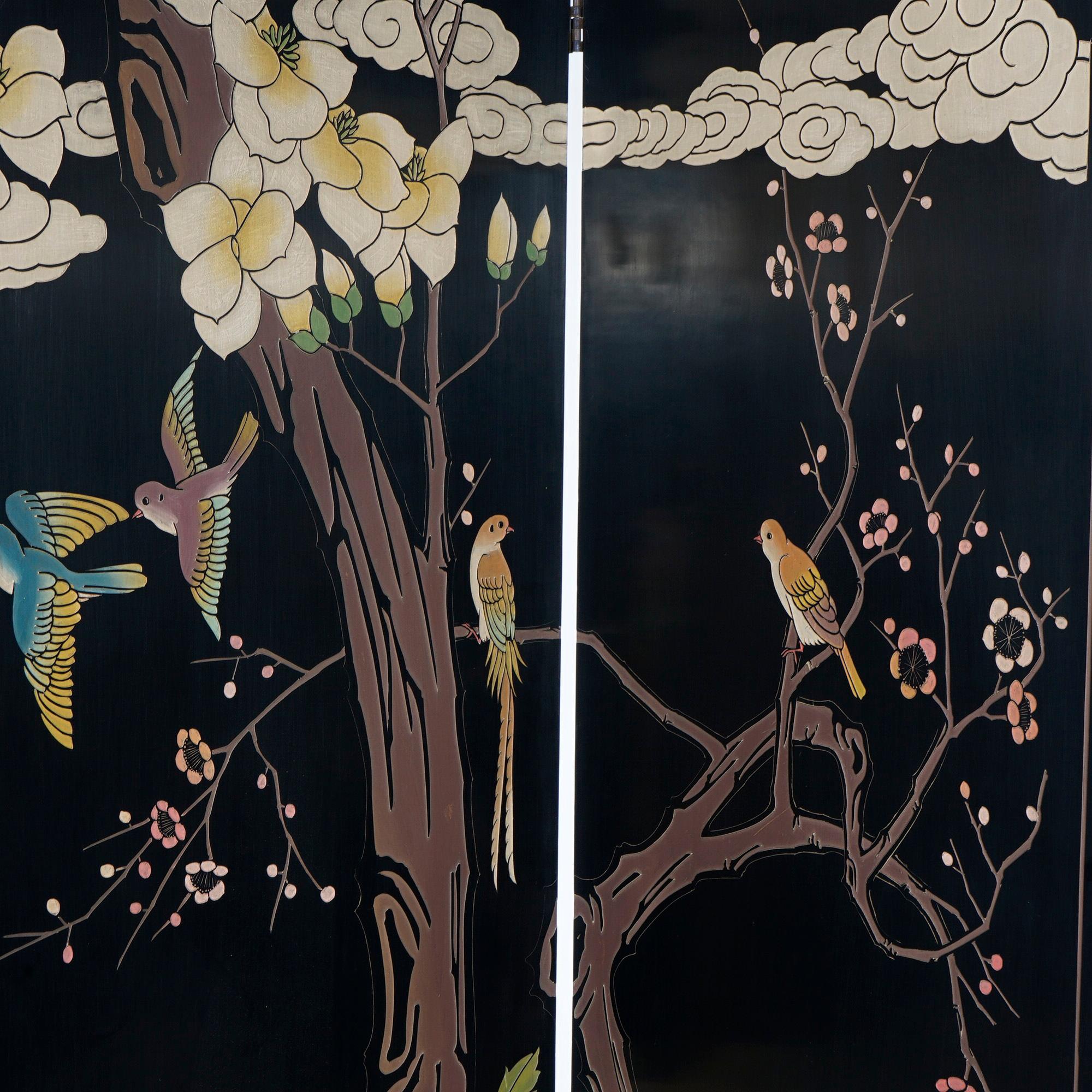20th Century Oriental Ebonized Four Panel Garden Scene Dressing Screen 20th C