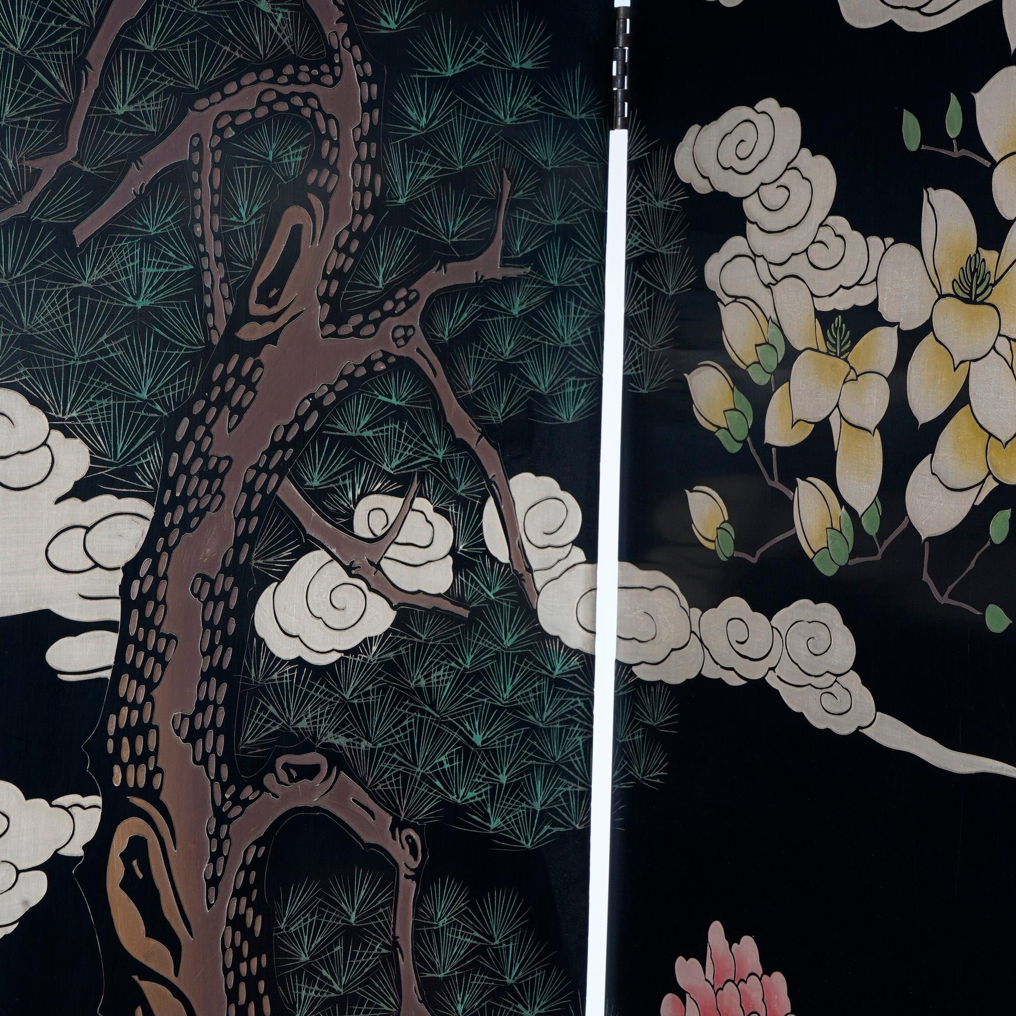 Oriental Ebonized Four Panel Garden Scene Dressing Screen 20th C 1