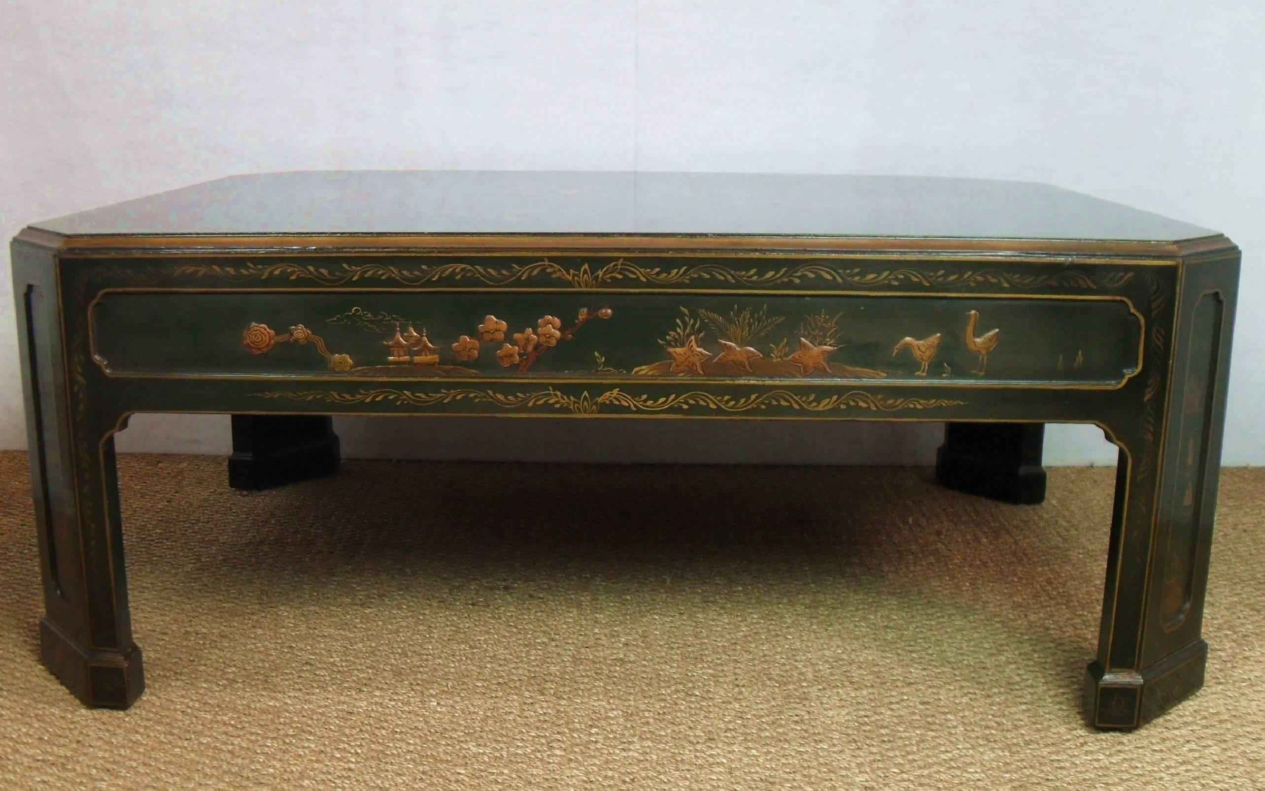 Oriental Emerald Green and Gilt Chinoiserie Coffee Table 1