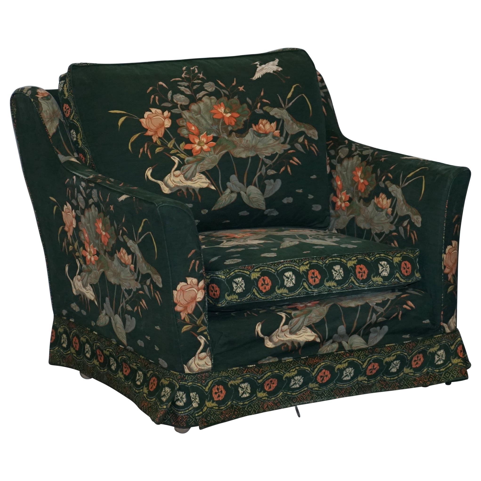 Oriental Floral and Bird Upholstery Vintage Country House Mansion Club Armchair