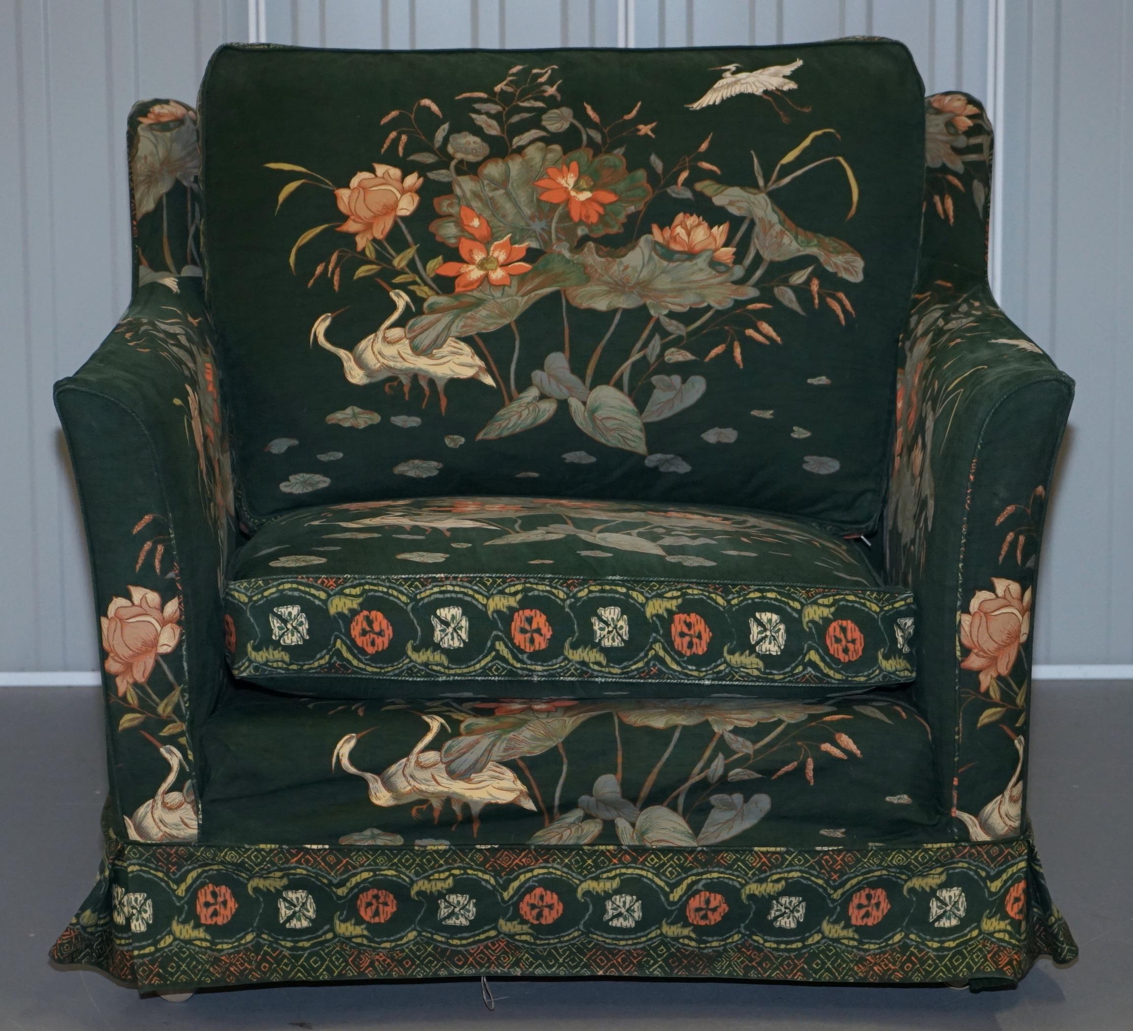 We are delighted to offer for sale this lovely farmhouse country mansion style club armchair with Oriental style floral and bird upholstery

A good looking and very comfortable armchair, the base cushion is feather stuffed, the back cushion is a