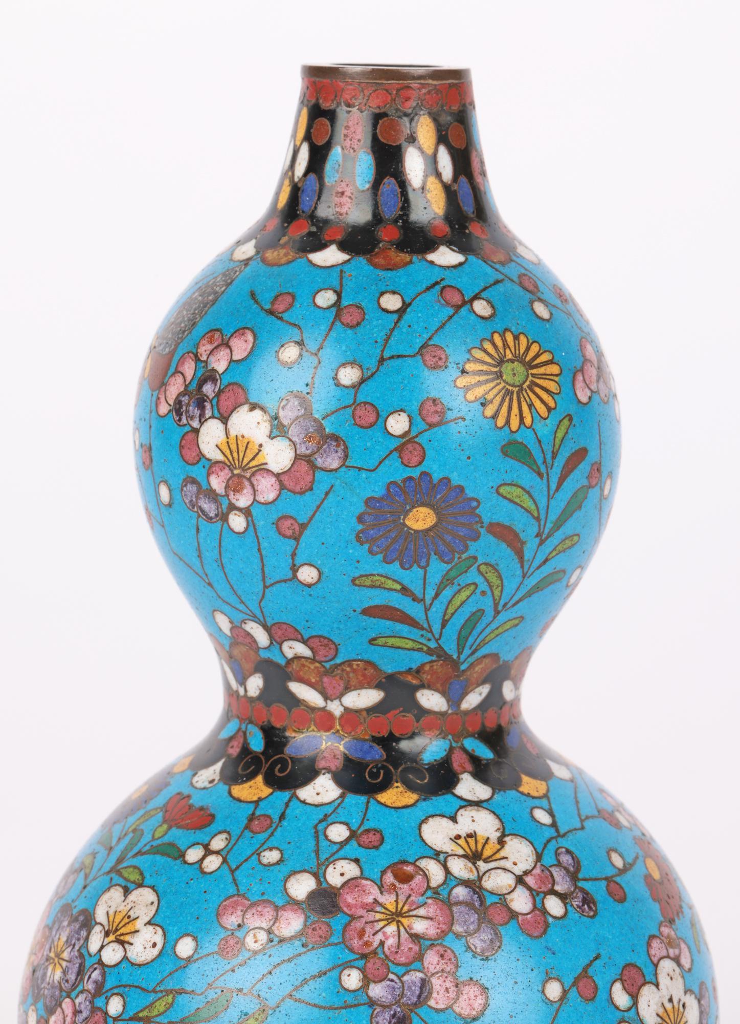 Japanese Oriental Flowering Hawthorn Cloisonne Double Gourd Vase For Sale