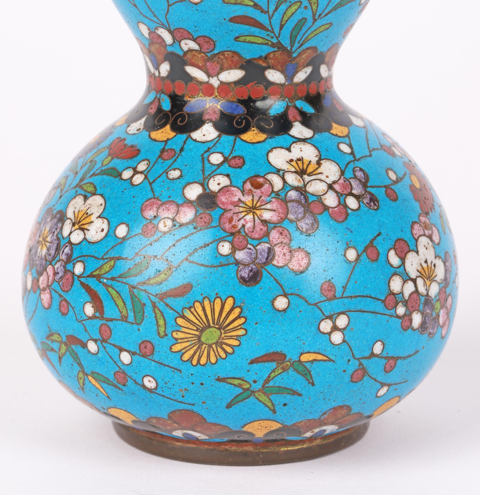 Hand-Crafted Oriental Flowering Hawthorn Cloisonne Double Gourd Vase For Sale