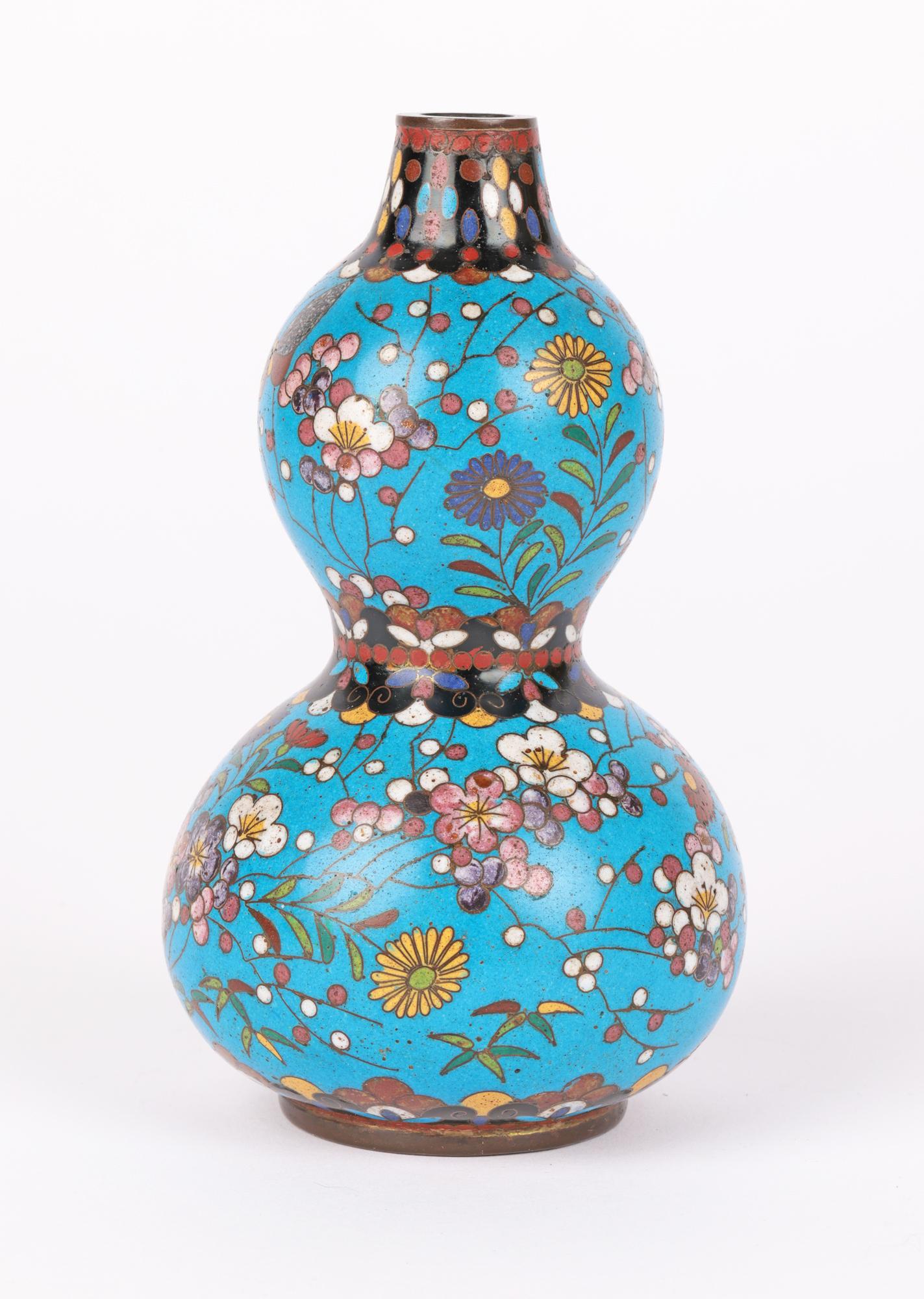 Oriental Flowering Hawthorn Cloisonne Double Gourd Vase For Sale 2